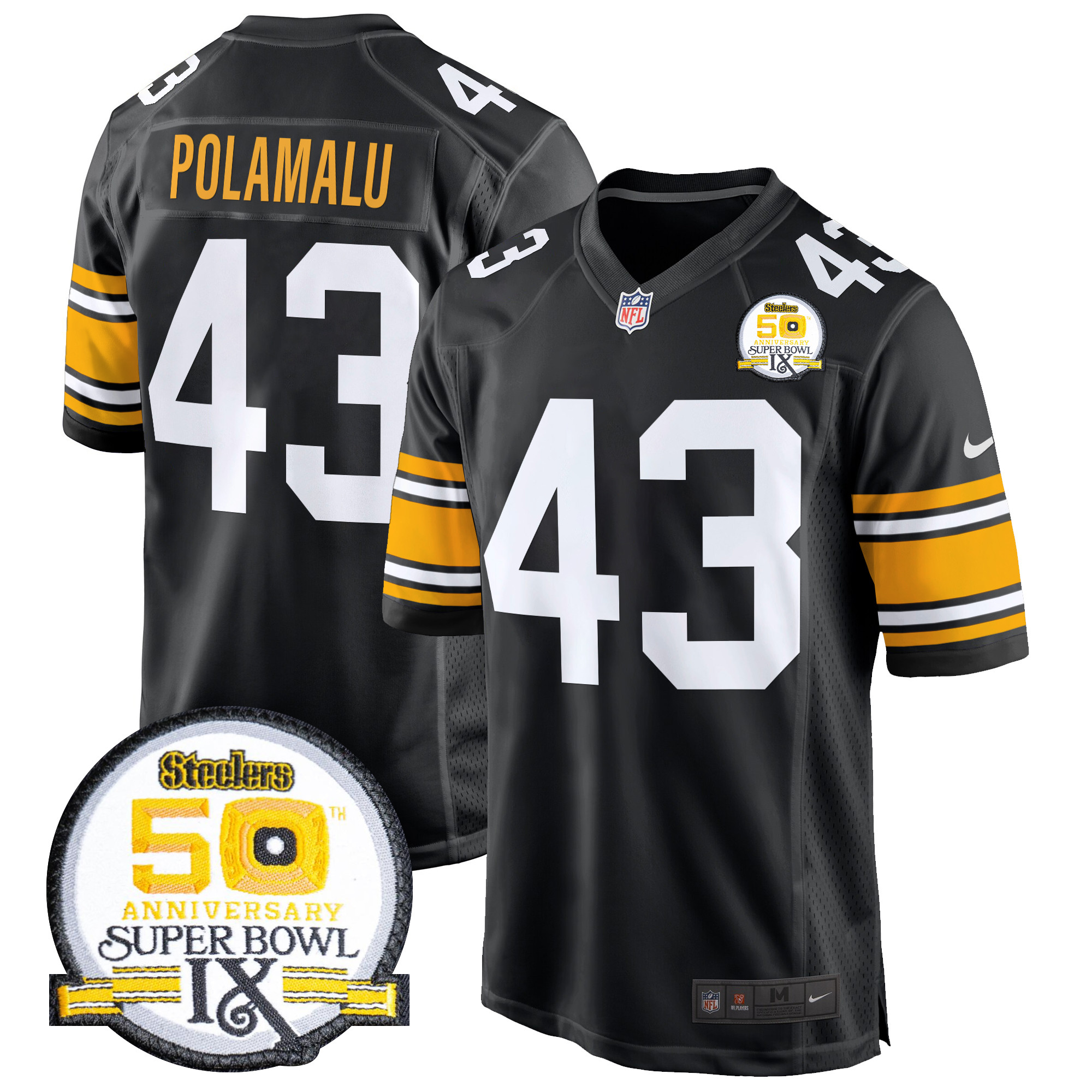 Men's Troy Polamalu Pittsburgh Steelers 50th Anniversary Of Super Bowl IX Patch Game 1975 Throwback Jersey - All Stitched