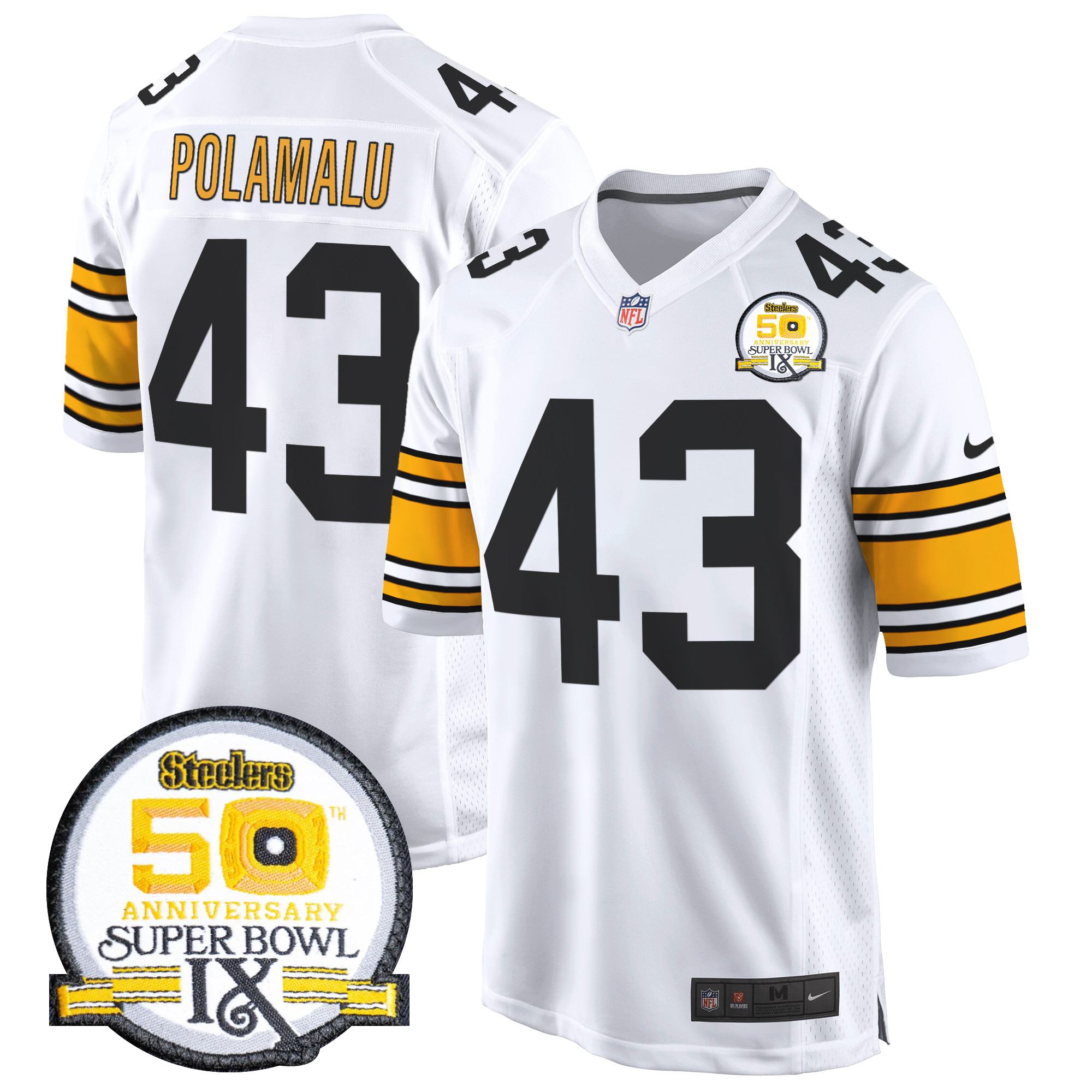 Men's Troy Polamalu Pittsburgh Steelers 50th Anniversary Of Super Bowl IX Patch Game 1975 White Jersey - All Stitched