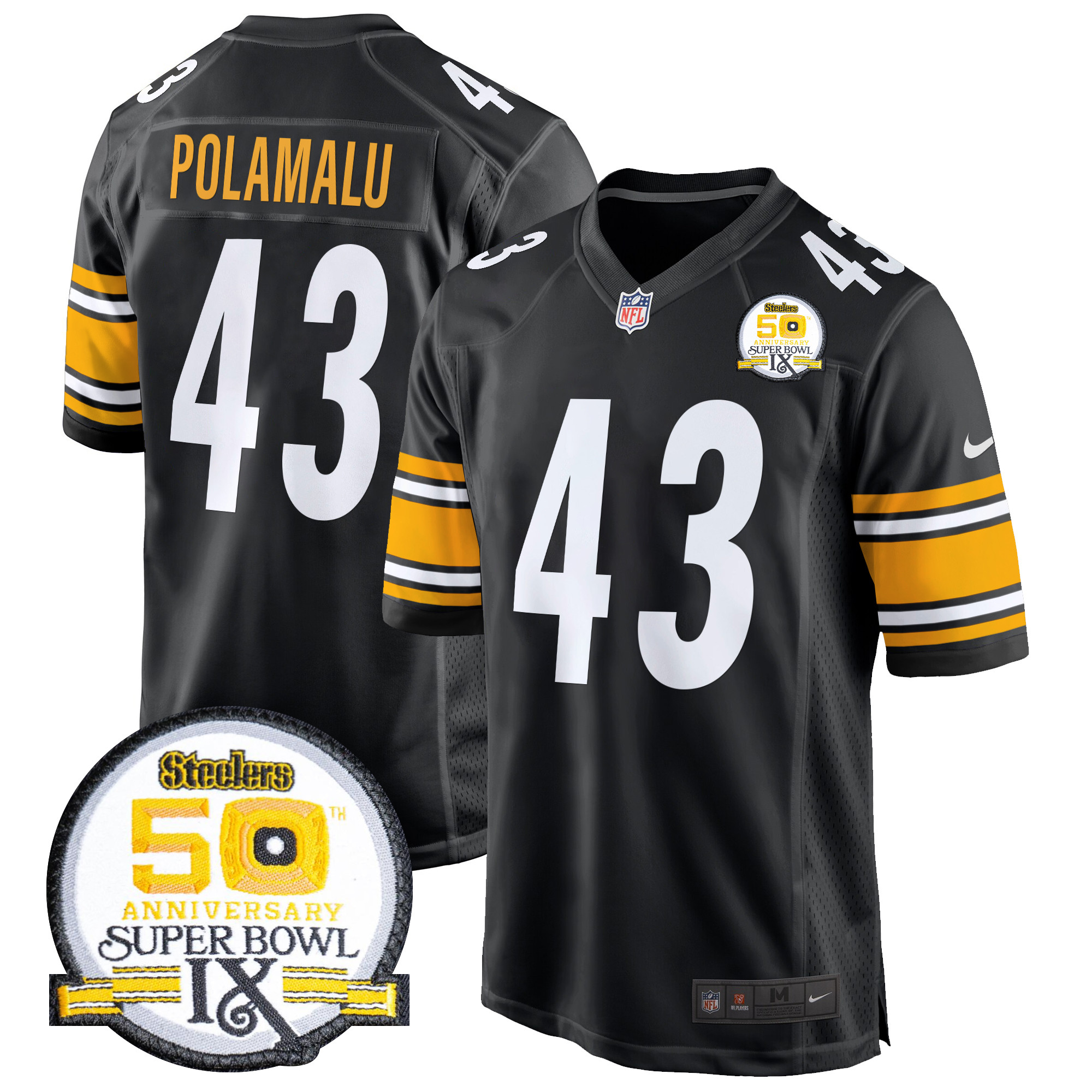 Men's Troy Polamalu Pittsburgh Steelers 50th Anniversary Of Super Bowl IX Patch Game Black Jersey - All Stitched
