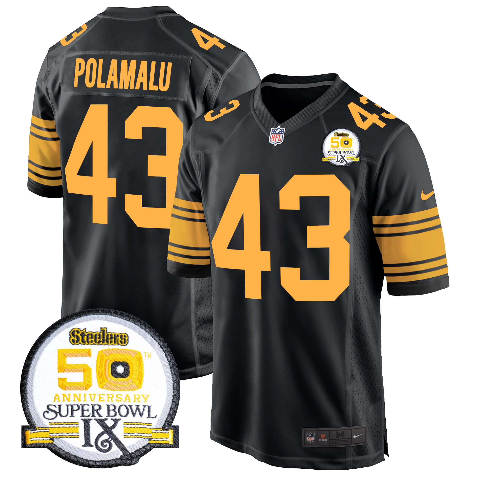 Men's Troy Polamalu Pittsburgh Steelers 50th Anniversary Of Super Bowl IX Patch Game Color Rush Jersey - All Stitched
