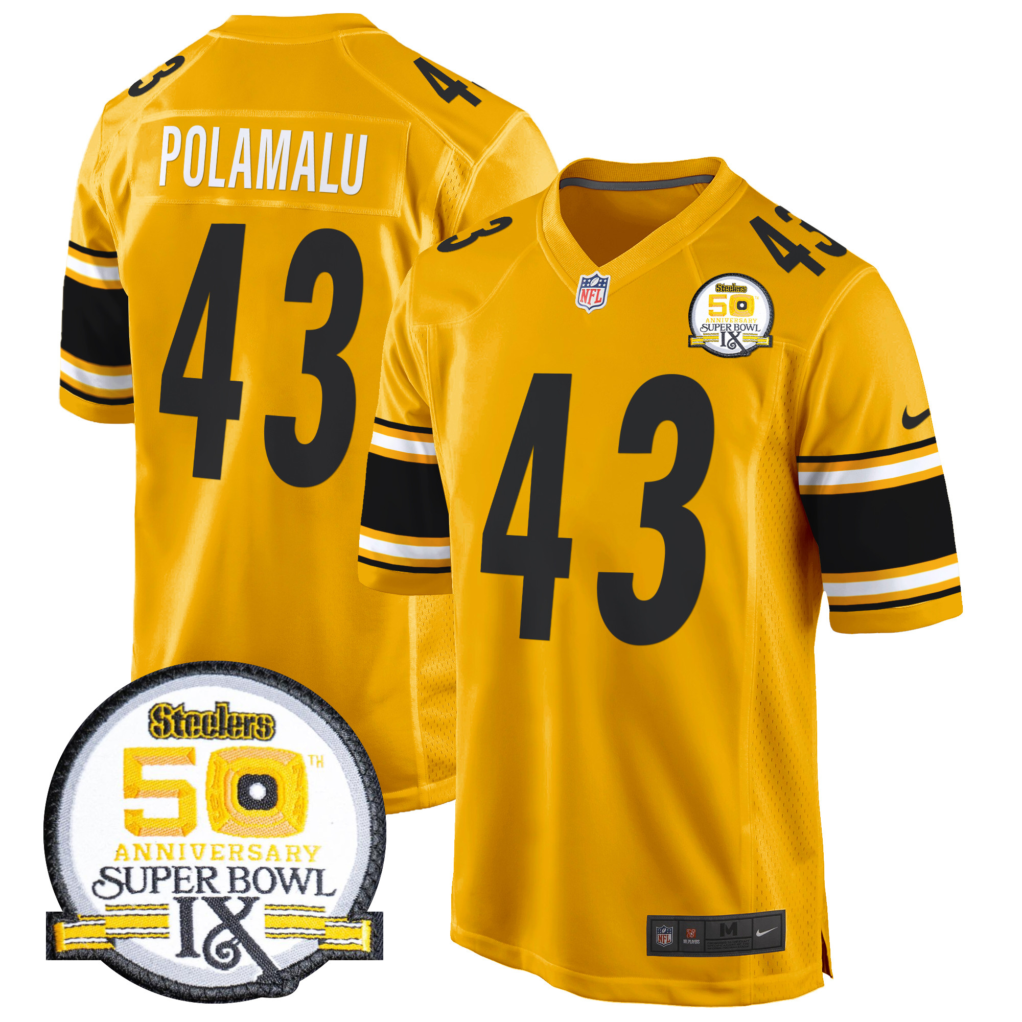 Men's Troy Polamalu Pittsburgh Steelers 50th Anniversary Of Super Bowl IX Patch Game Gold Jersey - All Stitched