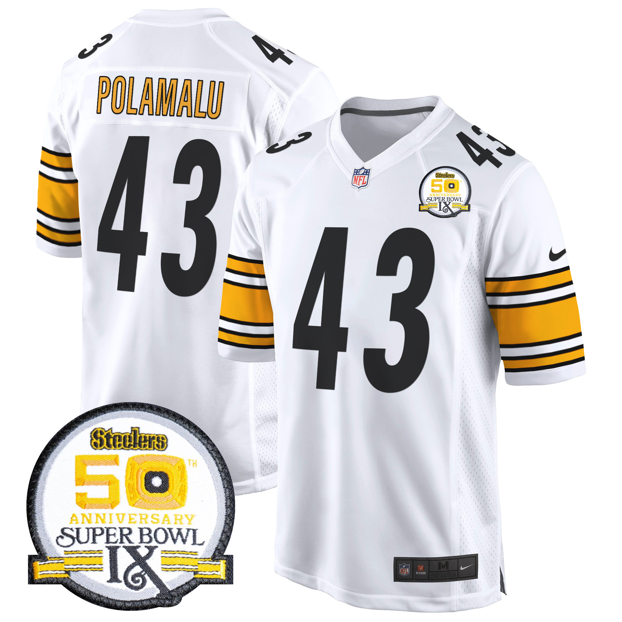 Men's Troy Polamalu Pittsburgh Steelers 50th Anniversary Of Super Bowl IX Patch Game White Jersey - All Stitched