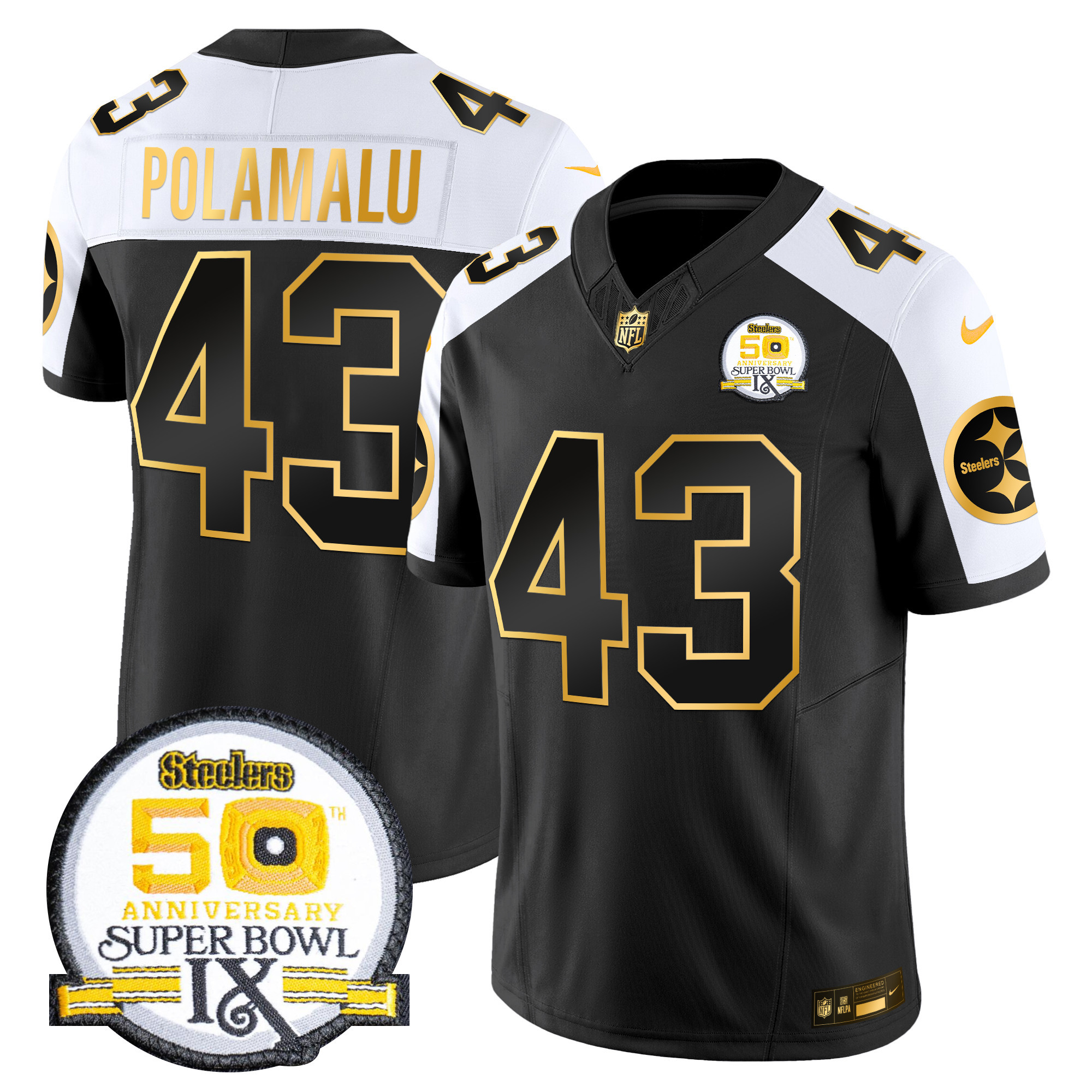 Men's Troy Polamalu Pittsburgh Steelers 50th Anniversary of Super Bowl IX Patch Gold Vapor Limited Alternate Jersey - All Stitched