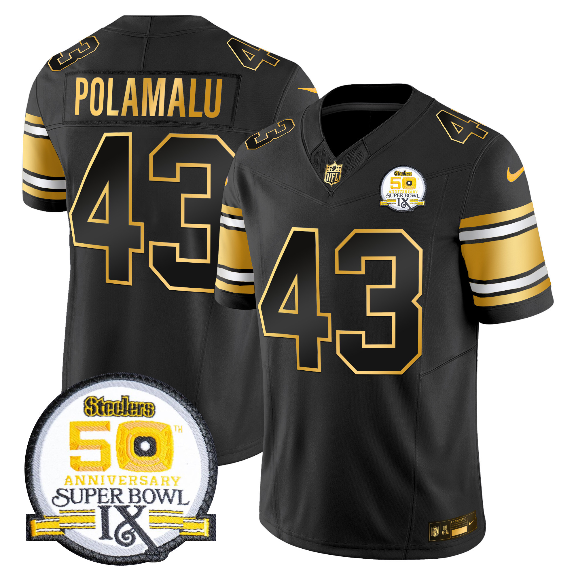 Men's Troy Polamalu Pittsburgh Steelers 50th Anniversary of Super Bowl IX Patch Gold Vapor Limited Black Gold Jersey - All Stitched
