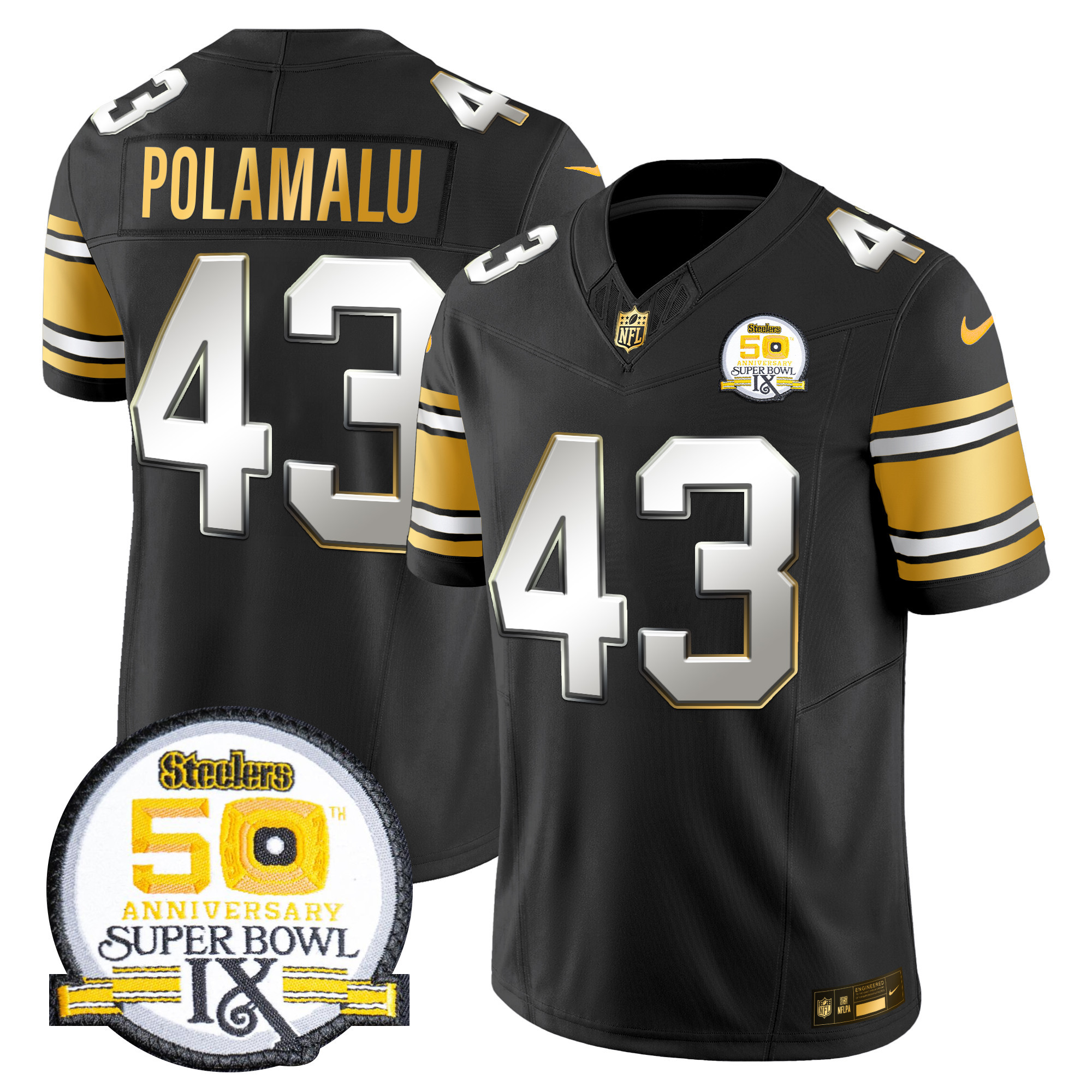 Men's Troy Polamalu Pittsburgh Steelers 50th Anniversary of Super Bowl IX Patch Gold Vapor Limited Black Limited Jersey - All Stitched