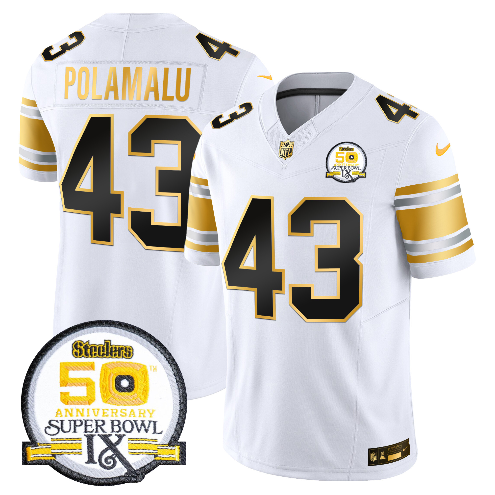 Men's Troy Polamalu Pittsburgh Steelers 50th Anniversary of Super Bowl IX Patch Gold Vapor Limited White Gold Jersey - All Stitched