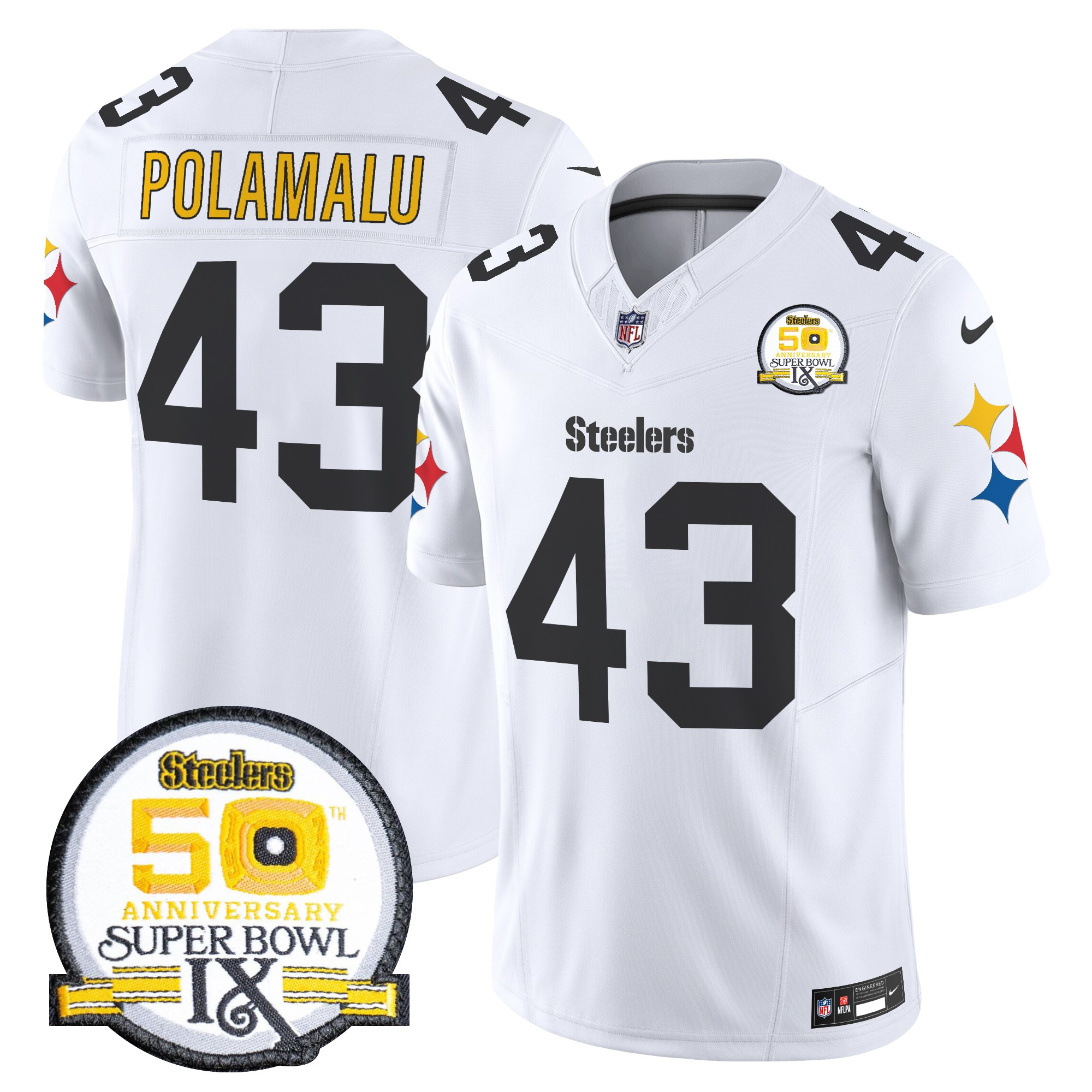 Men's Troy Polamalu Pittsburgh Steelers 50th Anniversary Of Super Bowl IX Patch Vapor Limited 1975 White Jersey - All Stitched