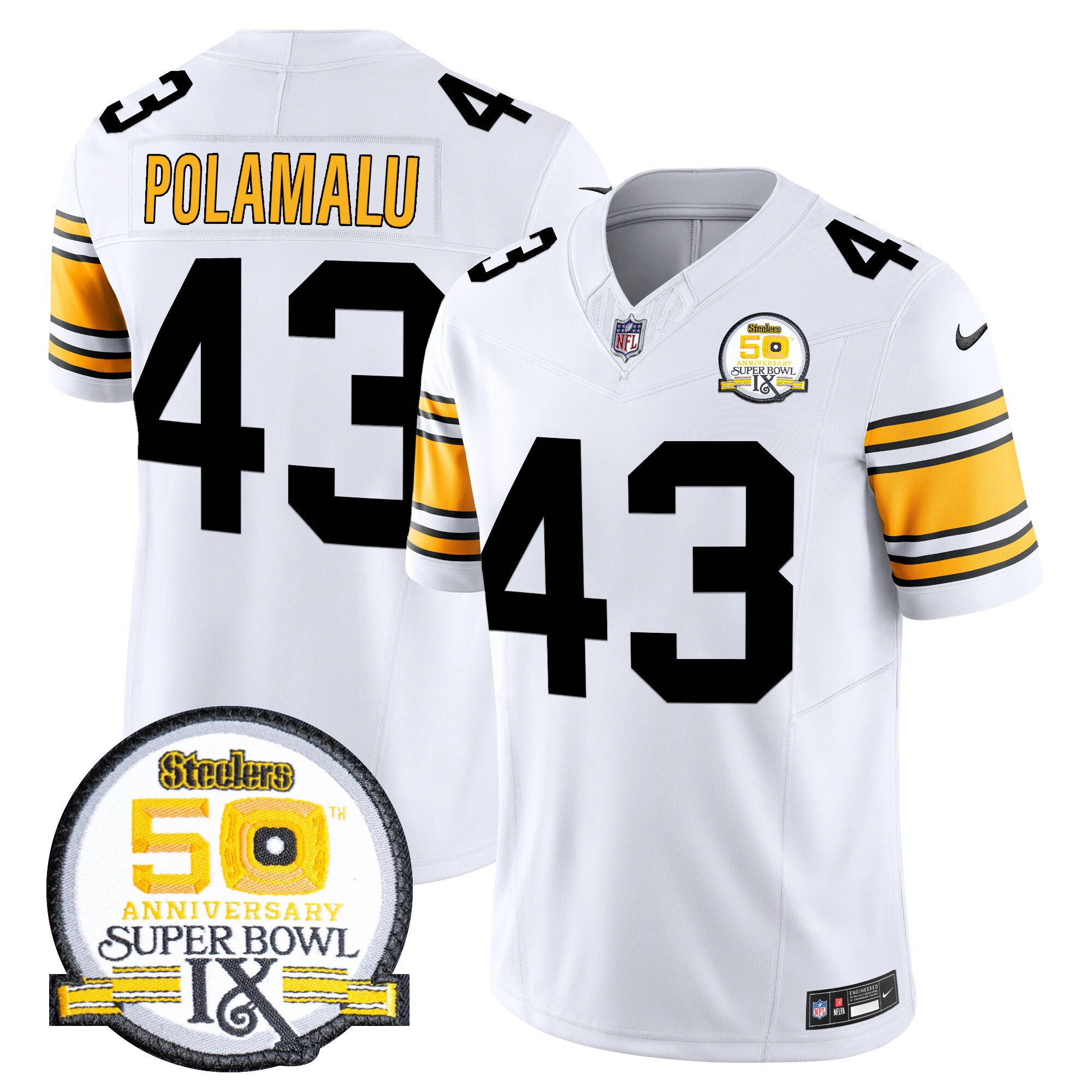 Men's Troy Polamalu Pittsburgh Steelers 50th Anniversary Of Super Bowl IX Patch Vapor Limited 1975 White Jersey - All Stitched
