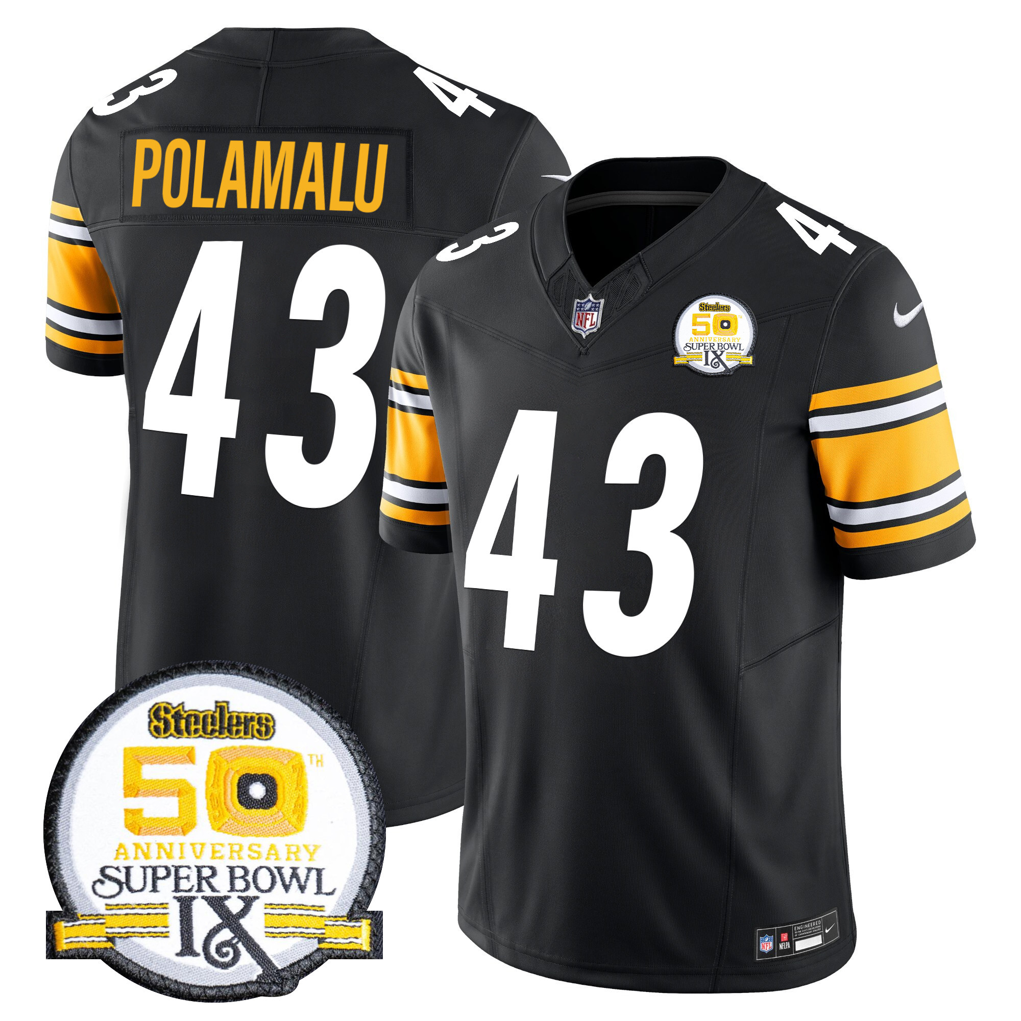 Men's Troy Polamalu Pittsburgh Steelers 50th Anniversary Of Super Bowl IX Patch Vapor Limited Black Jersey - All Stitched