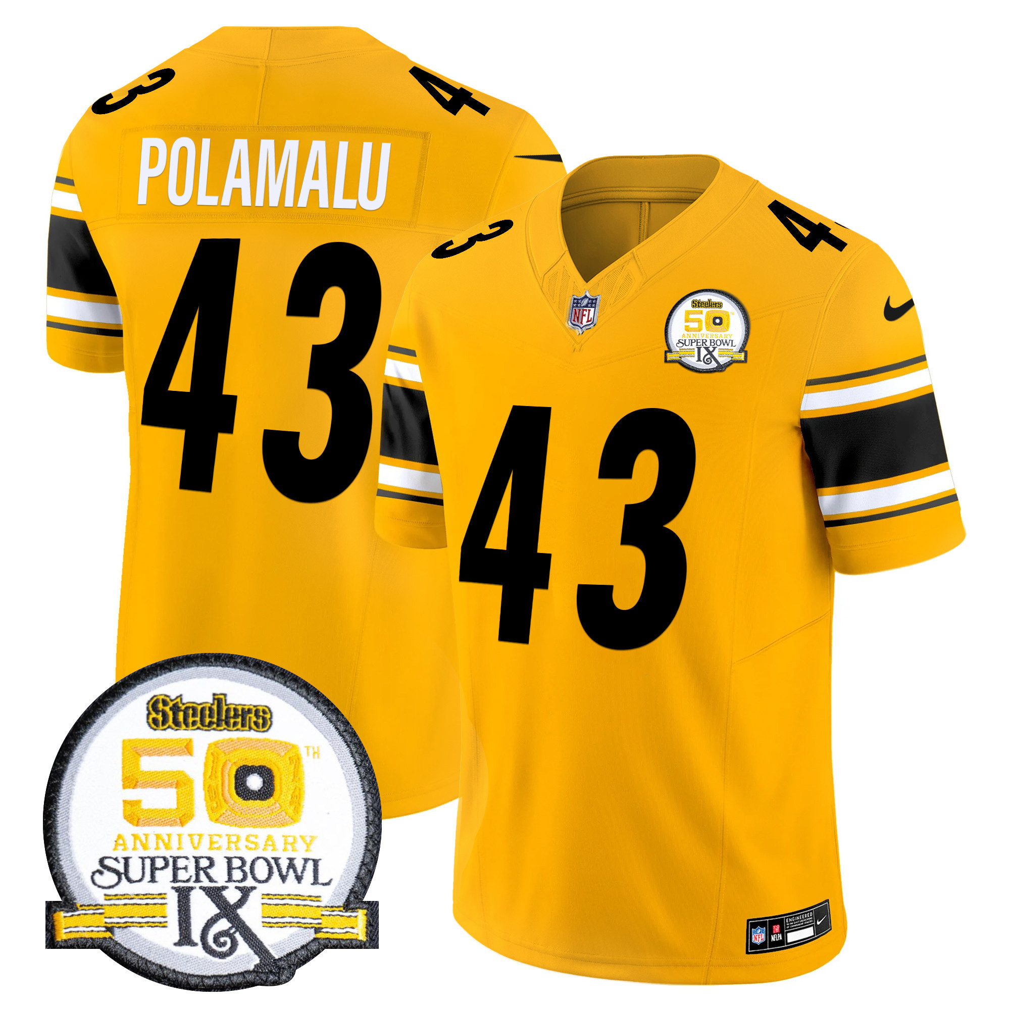 Men's Troy Polamalu Pittsburgh Steelers 50th Anniversary Of Super Bowl IX Patch Vapor Limited Gold Jersey - All Stitched