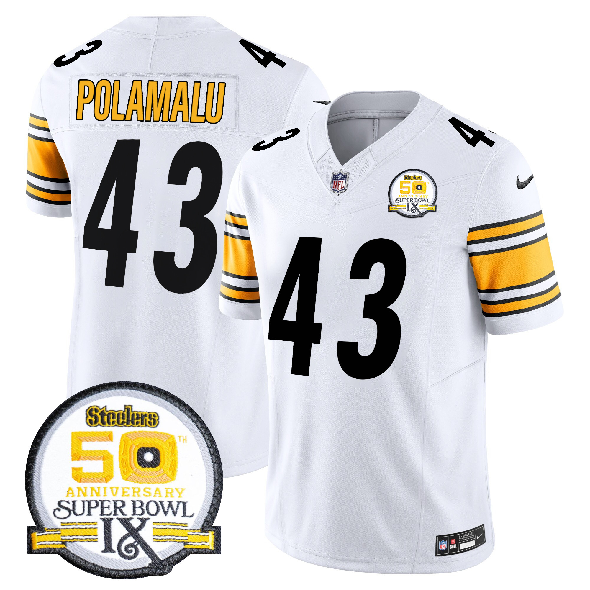 Men's Troy Polamalu Pittsburgh Steelers 50th Anniversary Of Super Bowl IX Patch Vapor Limited White Jersey - All Stitched
