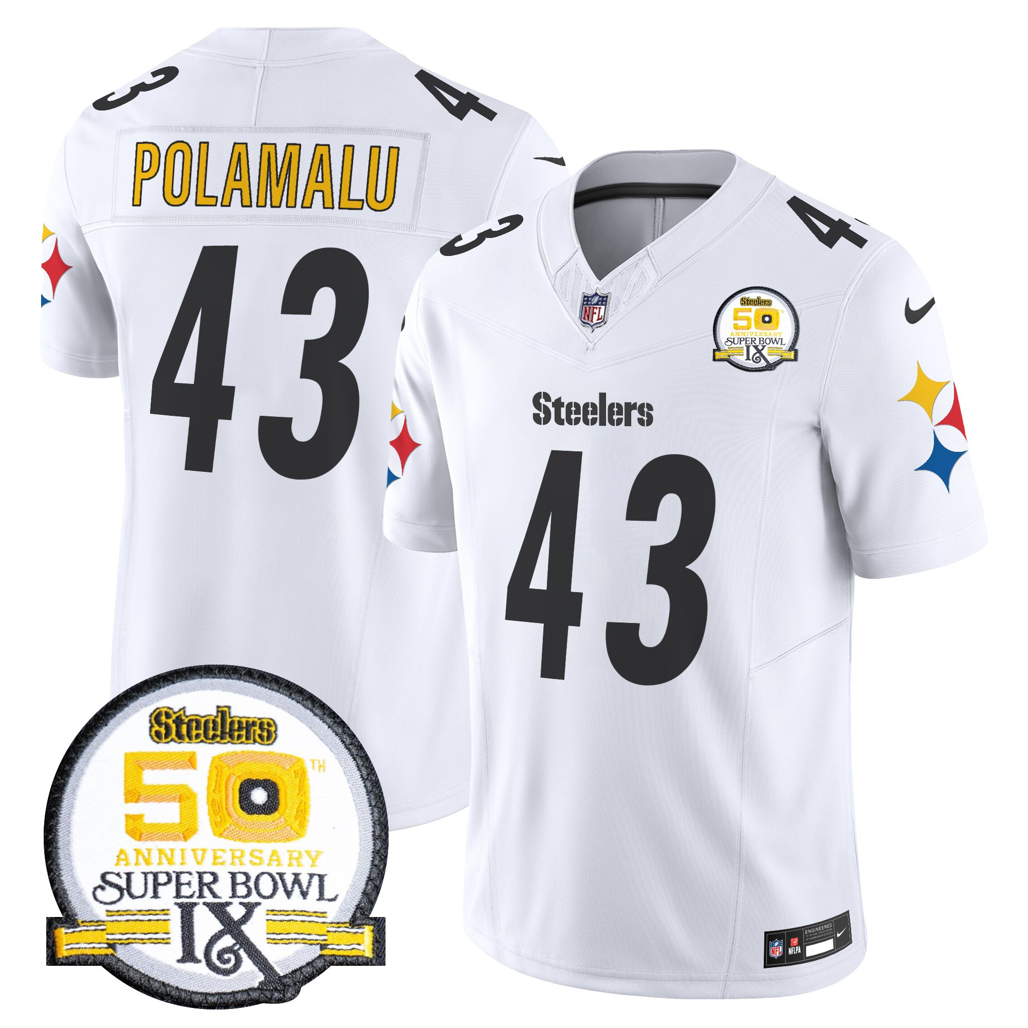 Men's Troy Polamalu Pittsburgh Steelers 50th Anniversary Of Super Bowl IX Patch Vapor Limited White Jersey - All Stitched