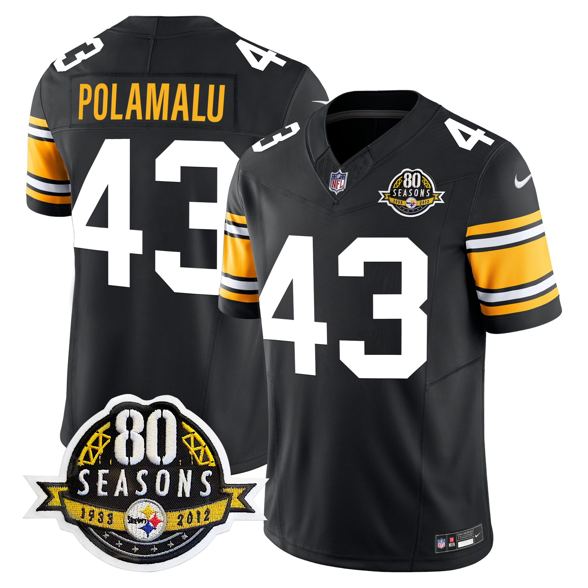 Men's Troy Polamalu Pittsburgh Steelers 80th Anniversary Patch Vapor Limited 1975 Throwback Jersey - All Stitched
