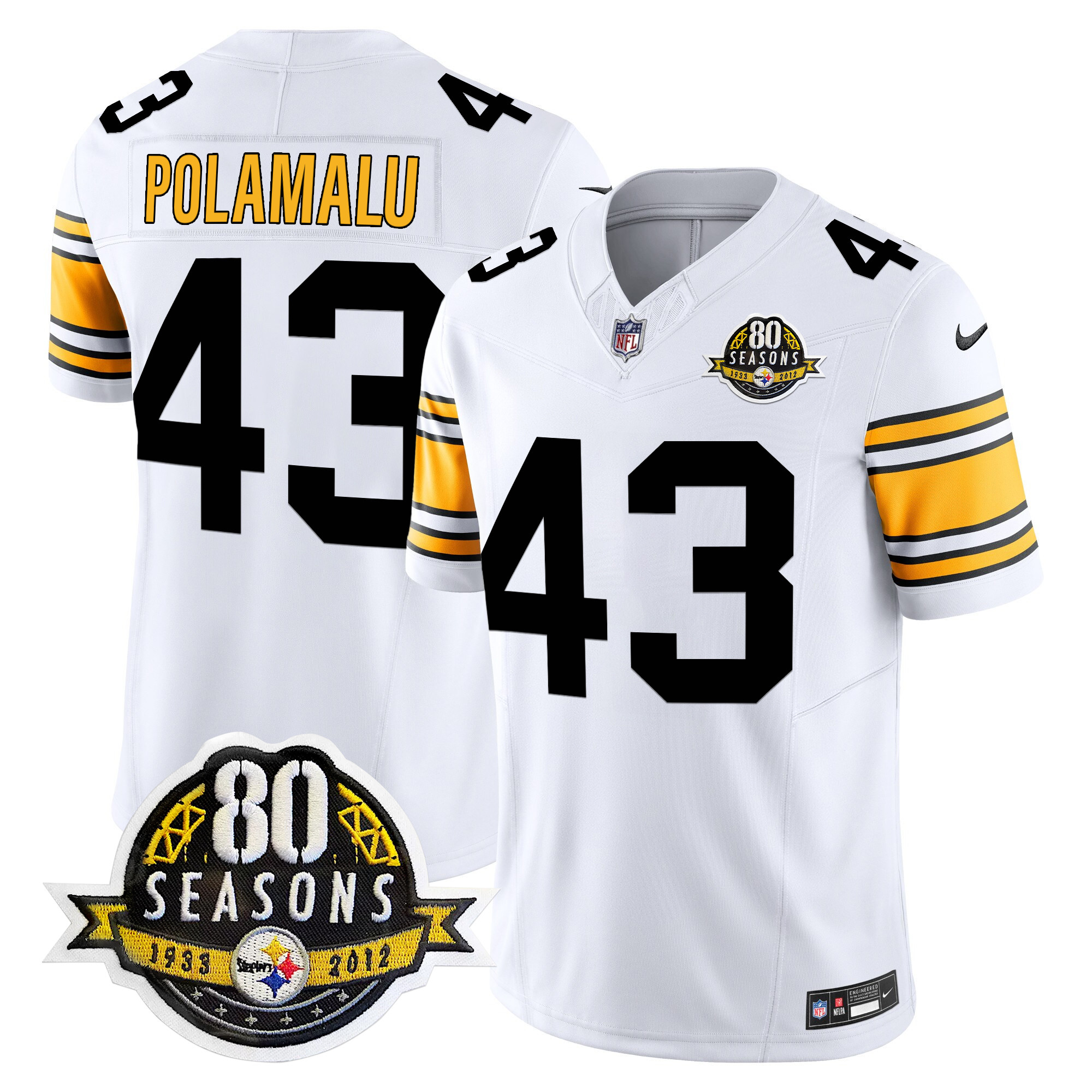Men's Troy Polamalu Pittsburgh Steelers 80th Anniversary Patch Vapor Limited 1975 White Jersey - All Stitched