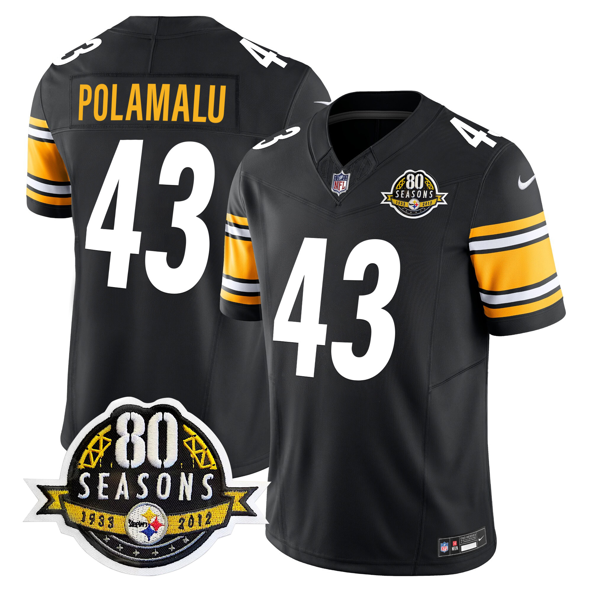 Men's Troy Polamalu Pittsburgh Steelers 80th Anniversary Patch Vapor Limited Black Jersey - All Stitched
