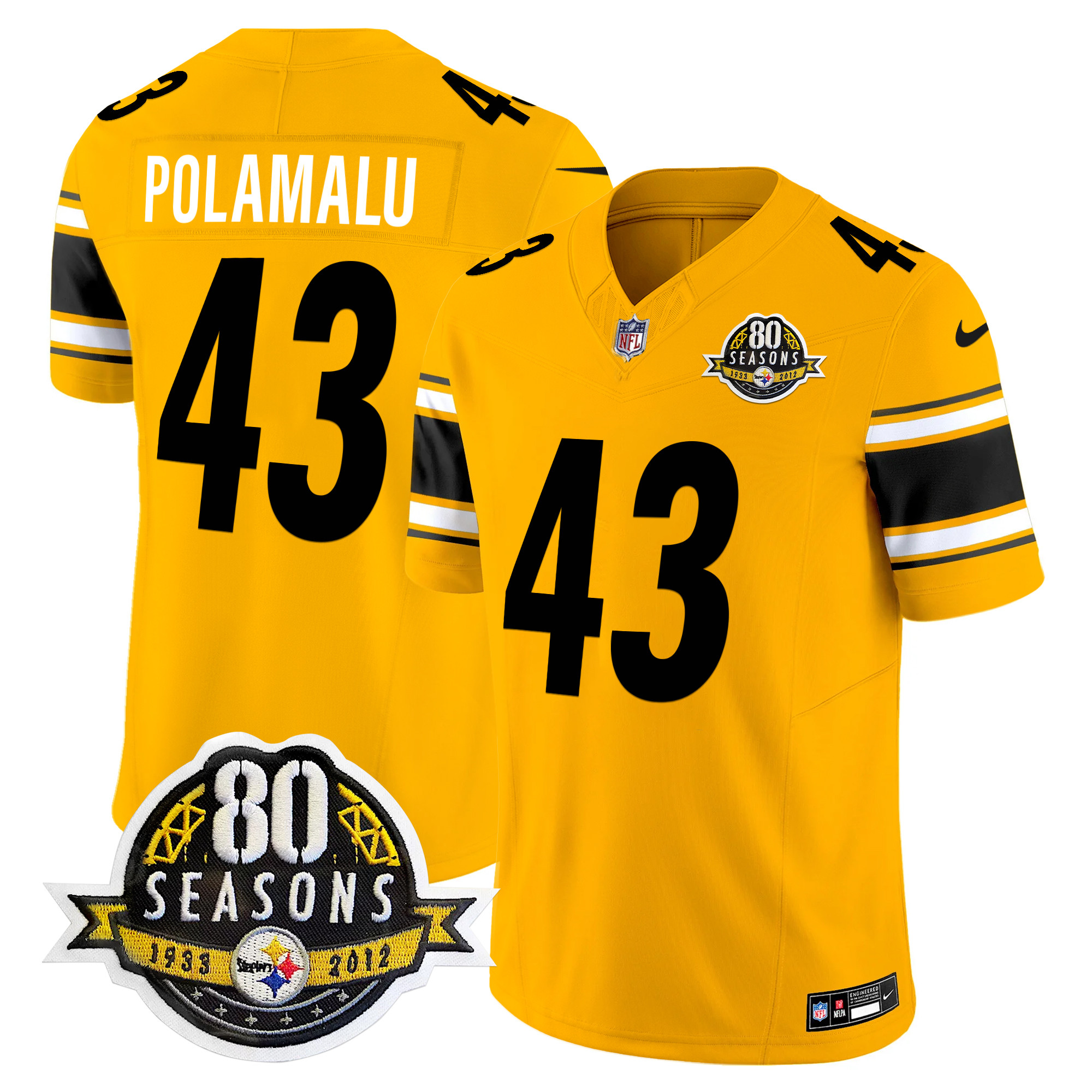 Men's Troy Polamalu Pittsburgh Steelers 80th Anniversary Patch Vapor Limited Gold Jersey - All Stitched