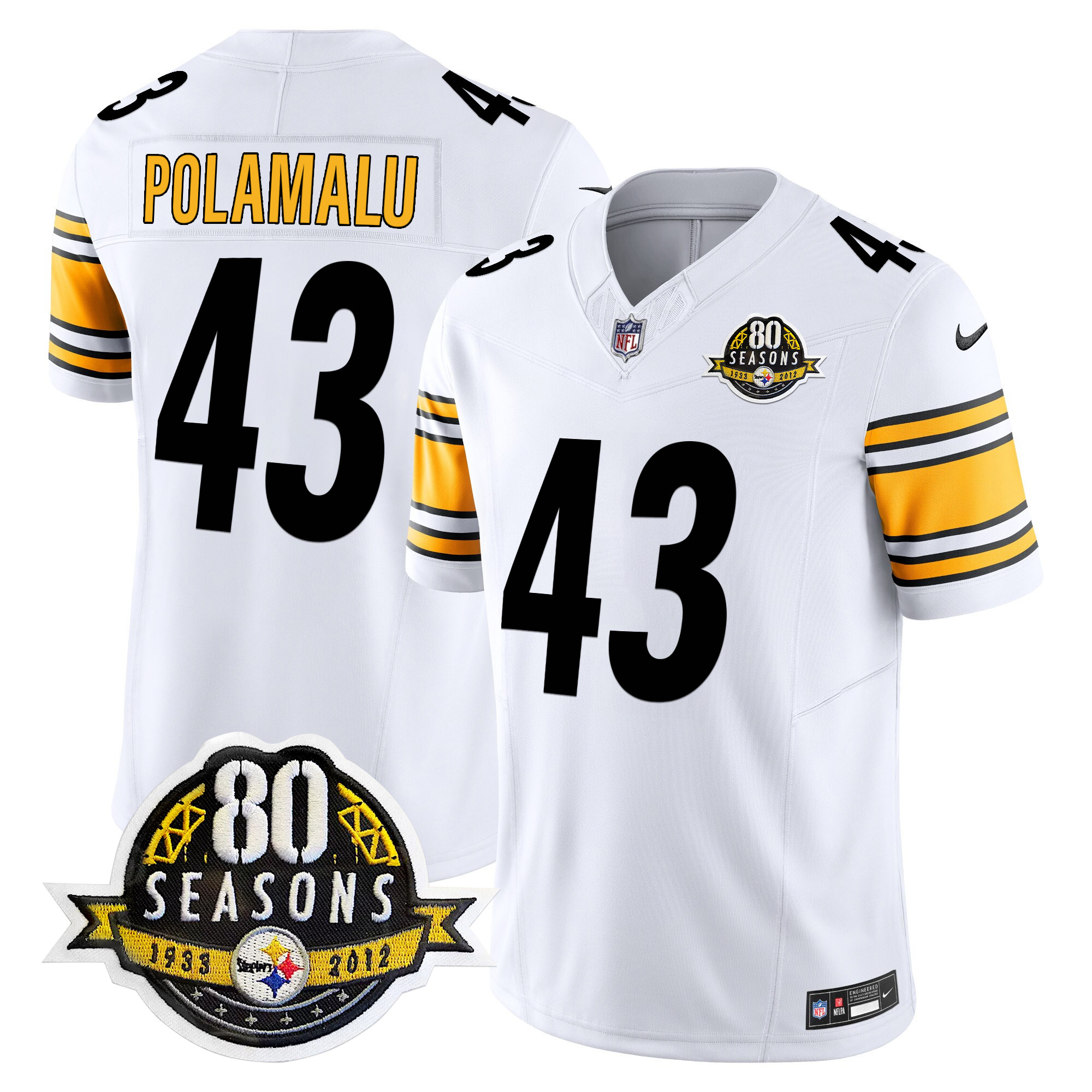 Men's Troy Polamalu Pittsburgh Steelers 80th Anniversary Patch Vapor Limited White Jersey - All Stitched