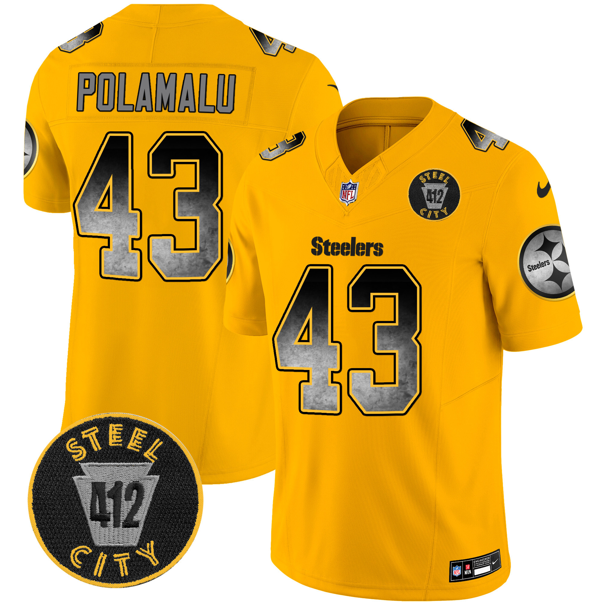 Men's Troy Polamalu Pittsburgh Steelers Arch Smoke 412 Patch Vapor Limited Gold Jersey - All Stitched