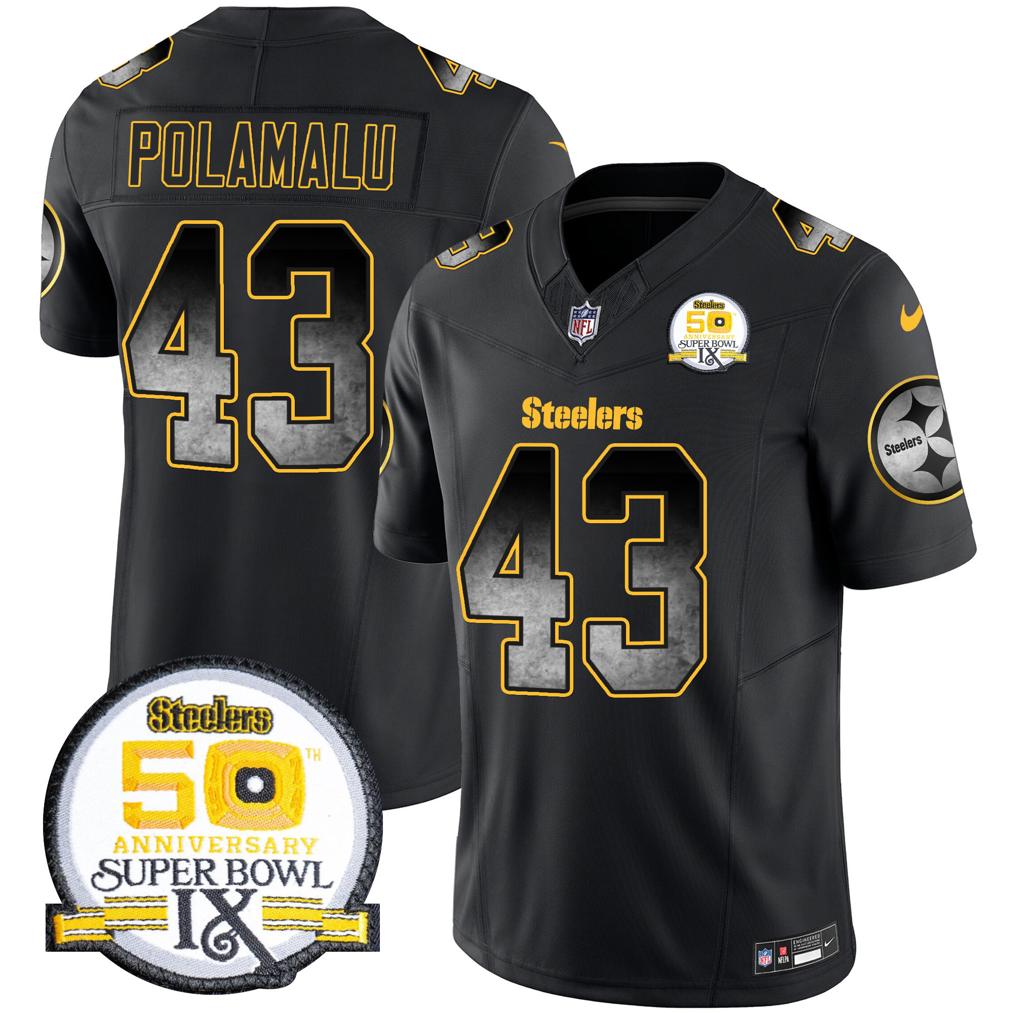 Men's Troy Polamalu Pittsburgh Steelers Arch Smoke 50th Anniversary Of Super Bowl IX Patch Vapor Limited Black Jersey - All Stitched