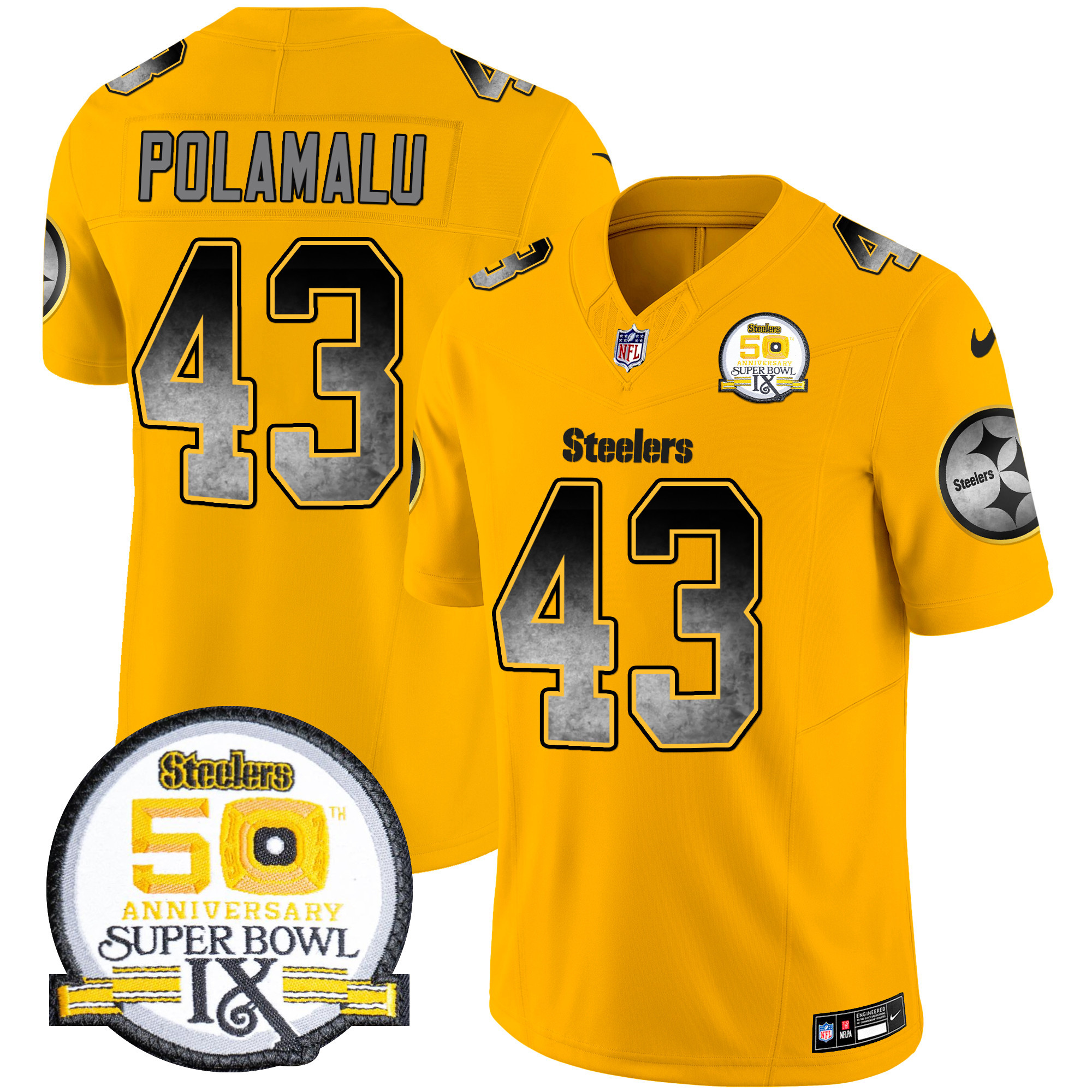 Men's Troy Polamalu Pittsburgh Steelers Arch Smoke 50th Anniversary Of Super Bowl IX Patch Vapor Limited Gold Jersey - All Stitched