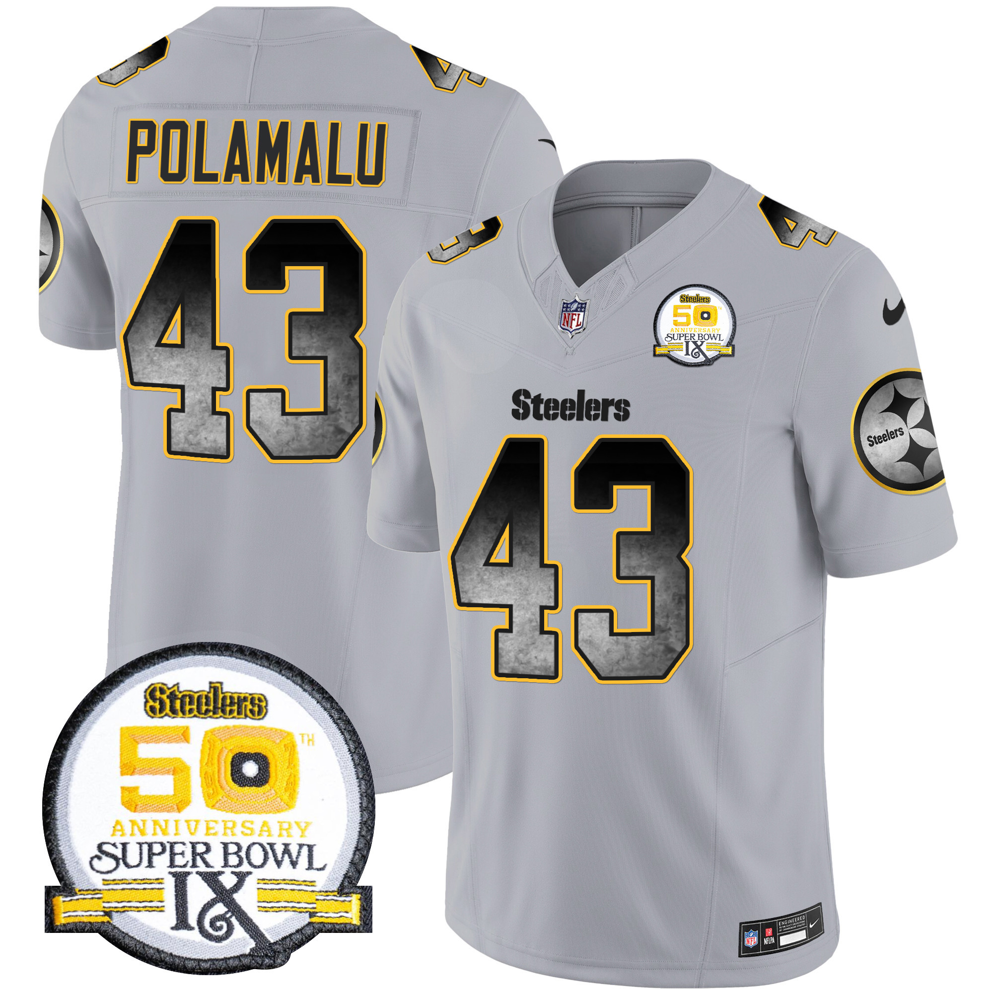 Men's Troy Polamalu Pittsburgh Steelers Arch Smoke 50th Anniversary Of Super Bowl IX Patch Vapor Limited Gray Jersey - All Stitched