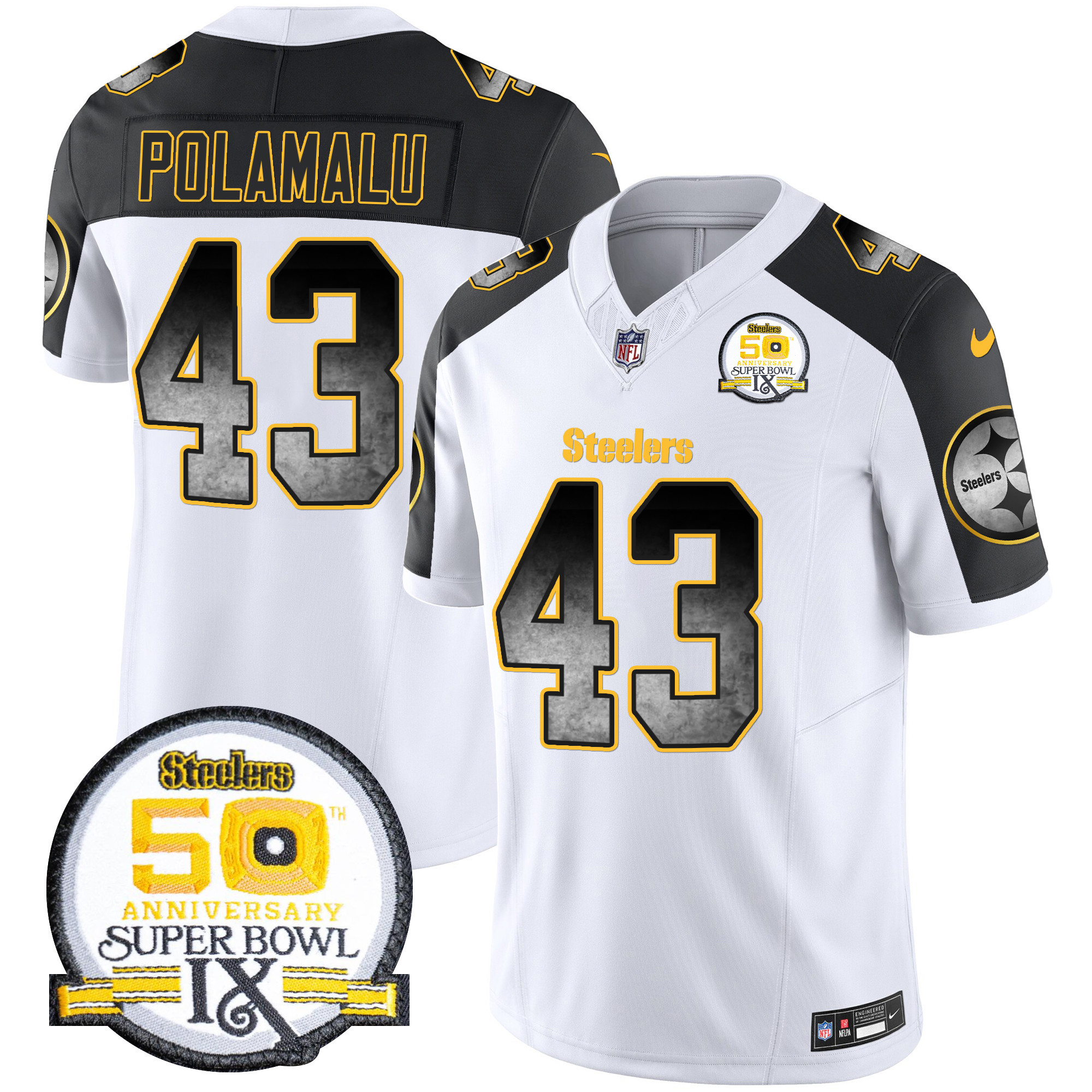 Men's Troy Polamalu Pittsburgh Steelers Arch Smoke 50th Anniversary Of Super Bowl IX Patch Vapor Limited Inverted Jersey - All Stitched