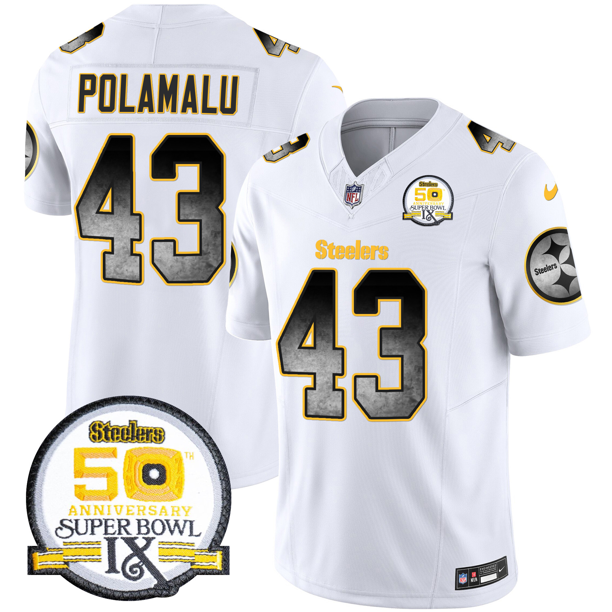 Men's Troy Polamalu Pittsburgh Steelers Arch Smoke 50th Anniversary Of Super Bowl IX Patch Vapor Limited White Jersey - All Stitched