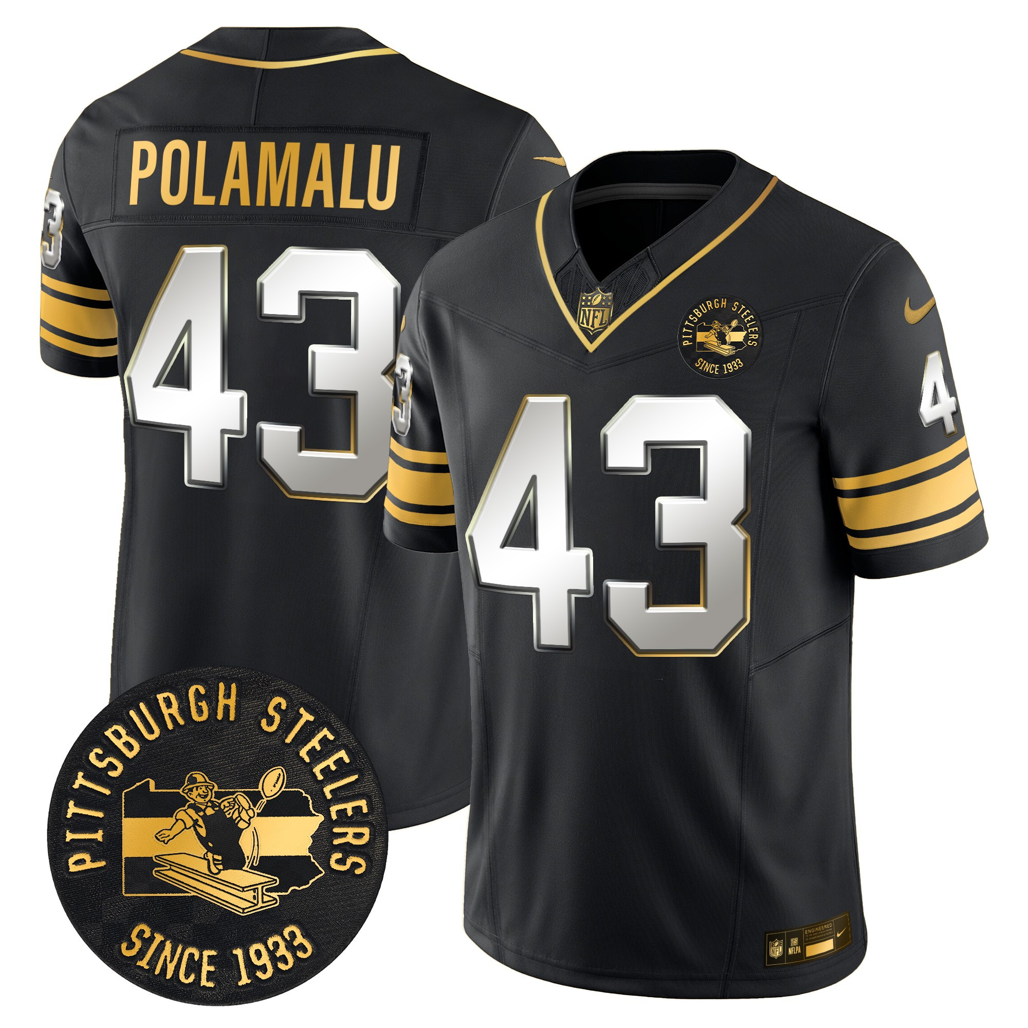 Men's Troy Polamalu Pittsburgh Steelers Throwback 1933 Patch Gold Vapor Limited Black Limited Jersey - All Stitched