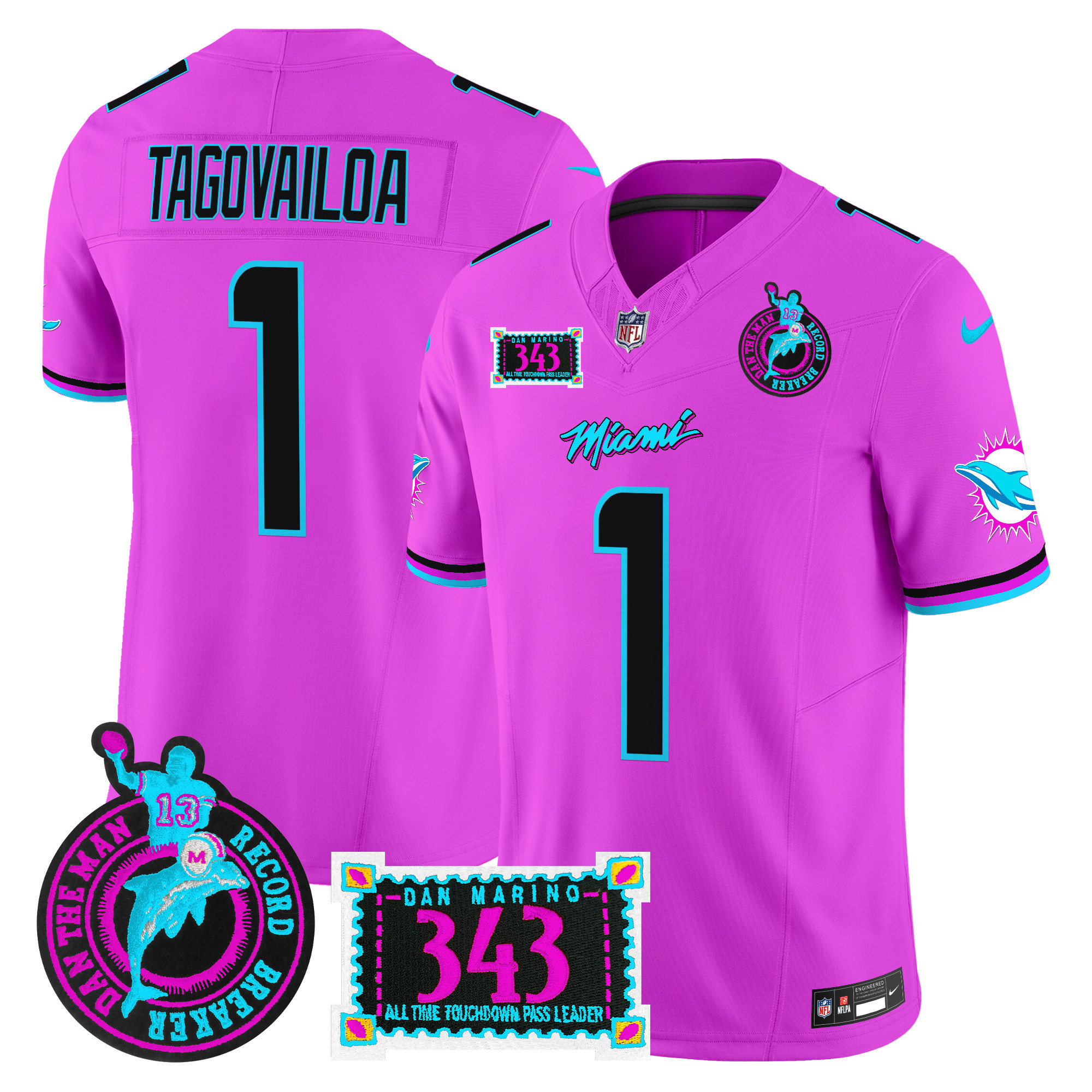 Men's Tua Tagovailoa Miami Dolphins "Dan the Man Record Breaker" Patch Vapor Limited Pink Jersey - All Stitched