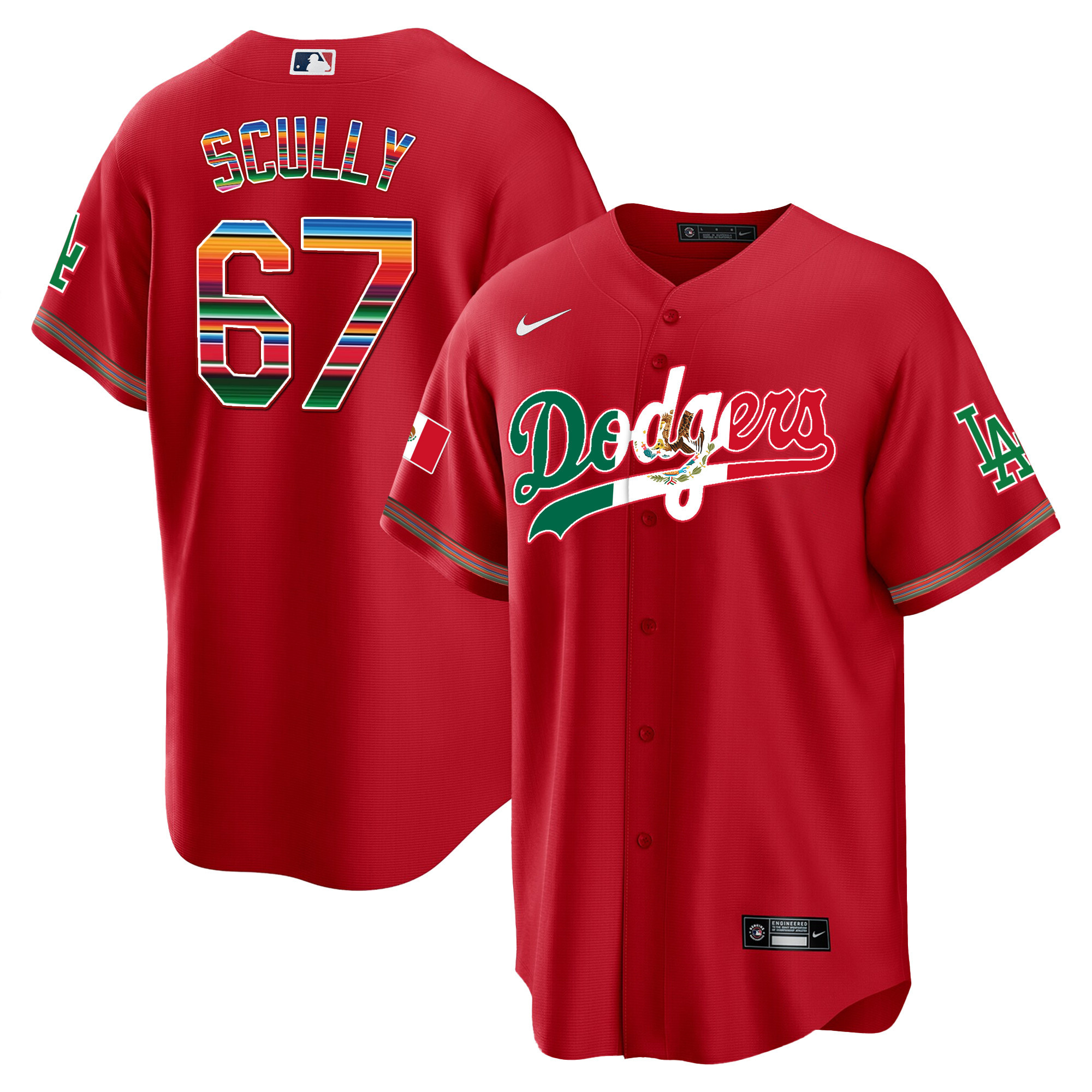 Men's Vin Scully Los Angeles Dodgers Mexico Cool Base Limited Red Jersey V4 - All Stitched
