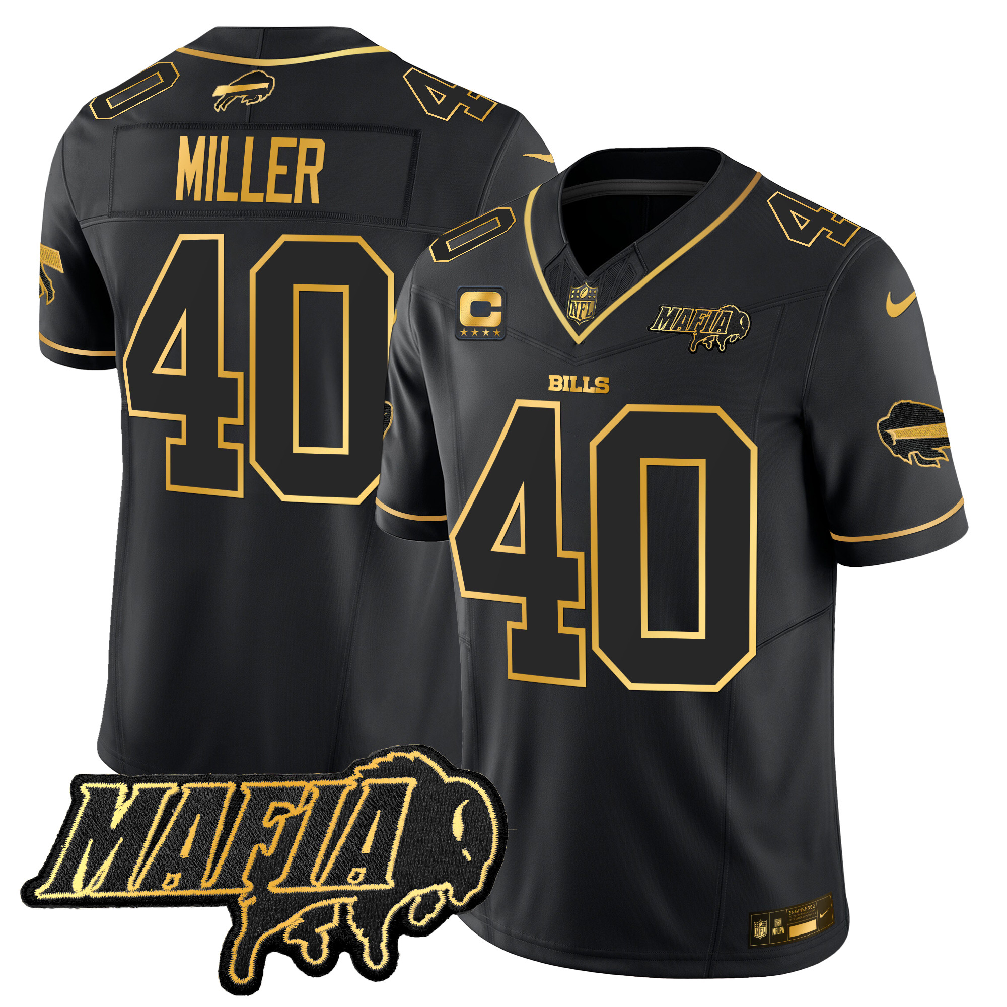 Men's Von Miller Buffalo Bills 2024 Buffalo Bills Mafia Patch Gold Vapor Limited Black Gold Jersey - All Stitched