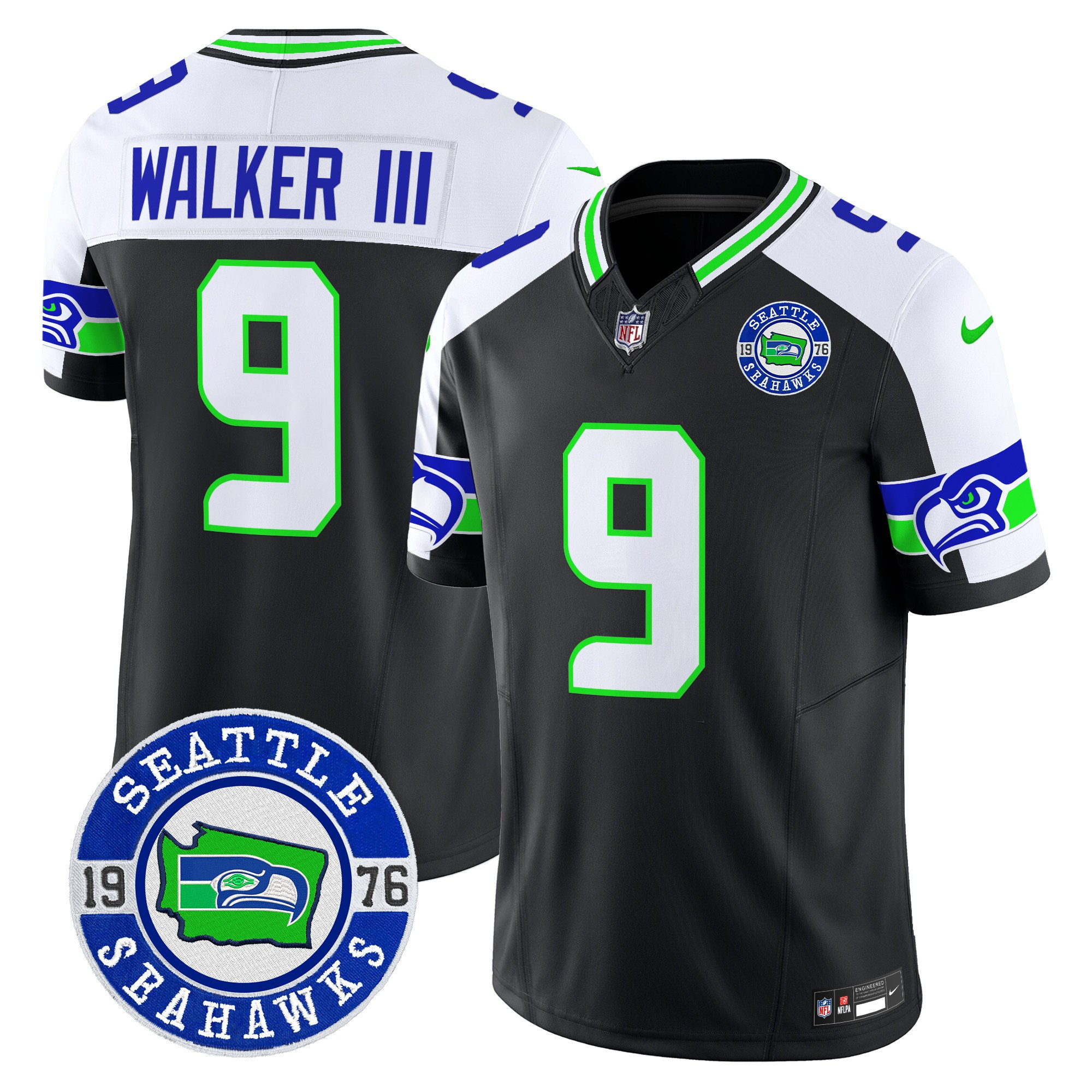 Men's Walker III Seattle Seahawks 2024 Seattle Est. 1976 Patch Vapor Limited Black Alternate Jersey - All Stitched