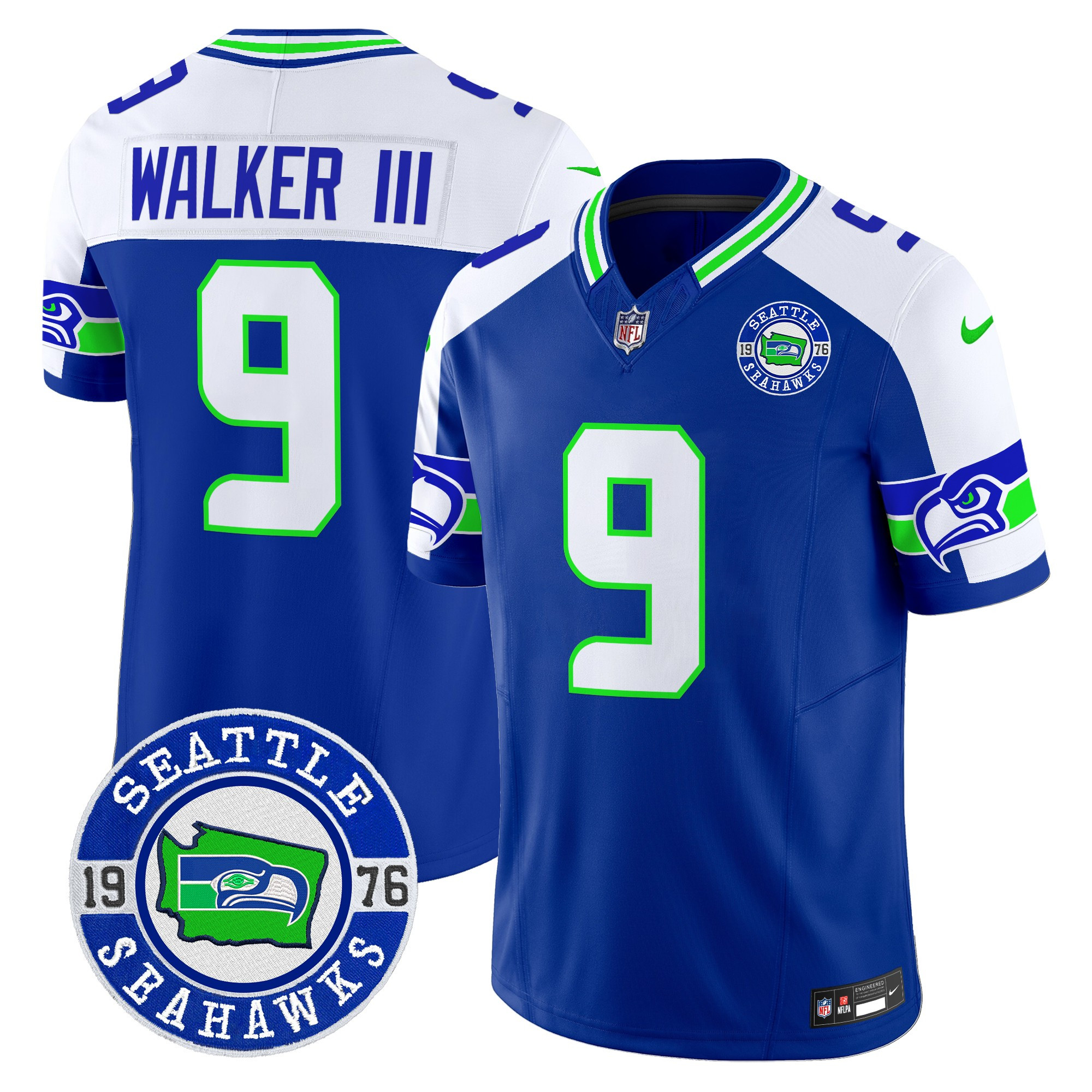 Men's Walker III Seattle Seahawks 2024 Seattle Est. 1976 Patch Vapor Limited Royal Alternate Jersey - All Stitched