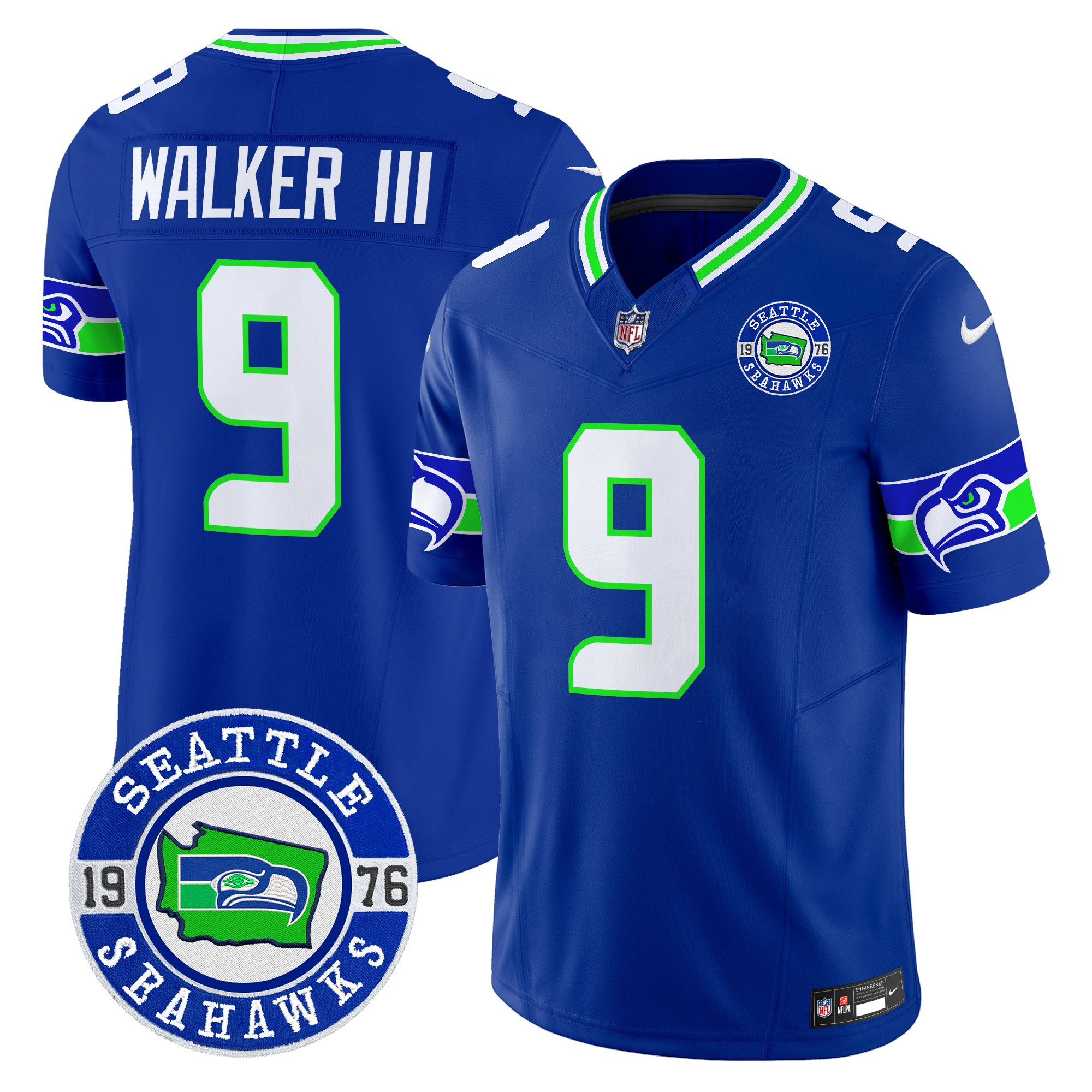 Men's Walker III Seattle Seahawks 2024 Seattle Est. 1976 Patch Vapor Limited Royal Jersey - All Stitched