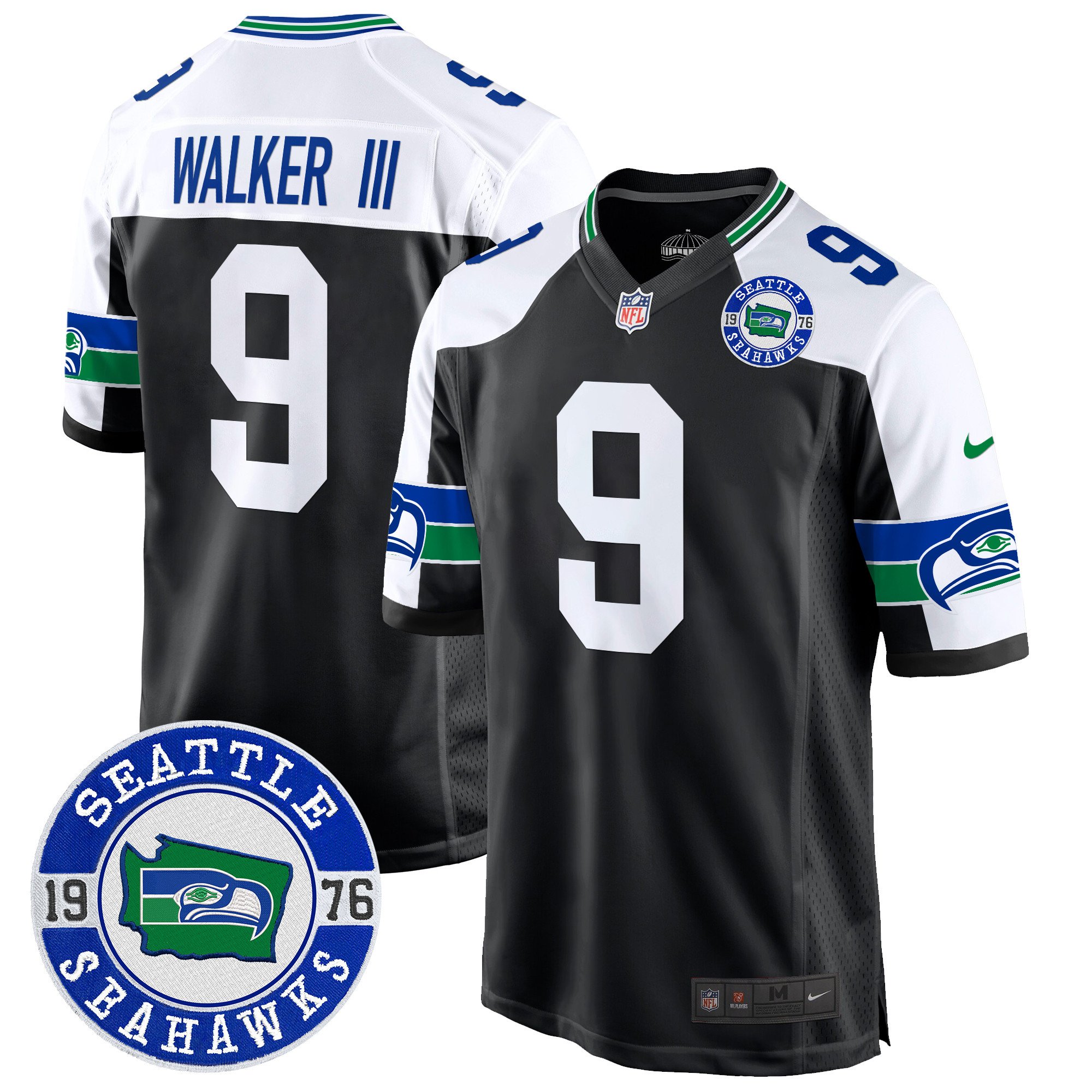 Men's Walker III Seattle Seahawks Throwback Est. 1976 Patch Game Black Alternate Jersey - All Stitched