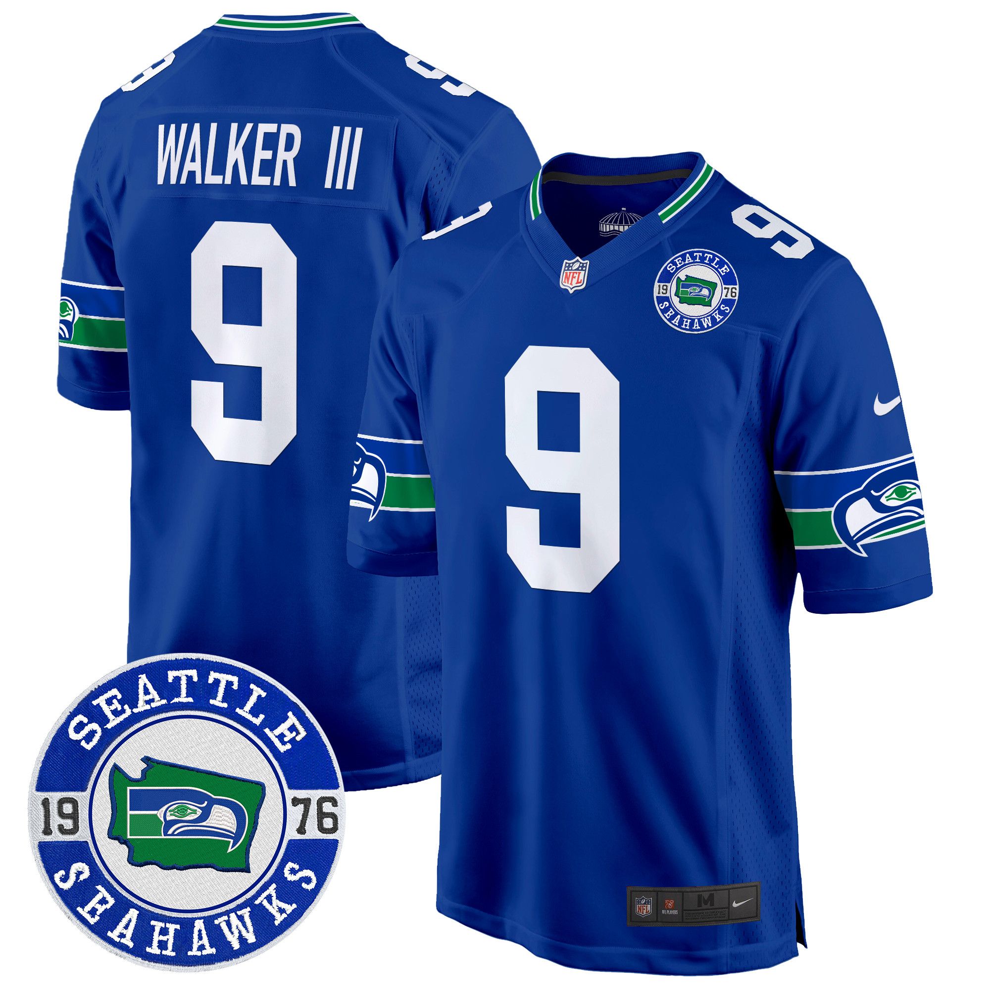 Men's Walker III Seattle Seahawks Throwback Est. 1976 Patch Game Royal Jersey - All Stitched