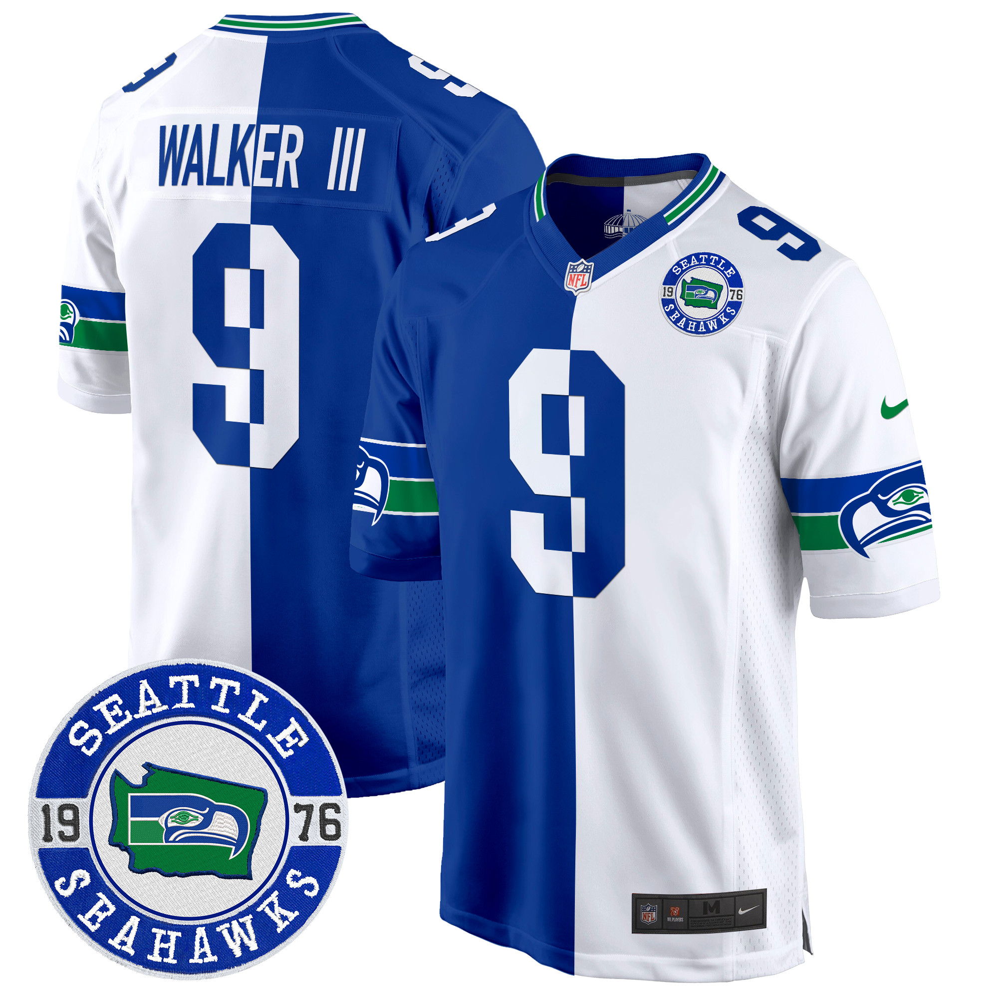 Men's Walker III Seattle Seahawks Throwback Est. 1976 Patch Game Split Jersey - All Stitched