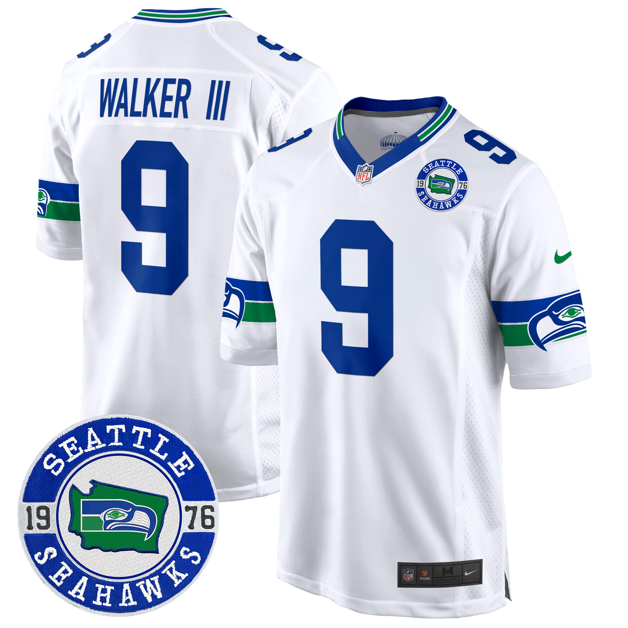 Men's Walker III Seattle Seahawks Throwback Est. 1976 Patch Game White Jersey - All Stitched