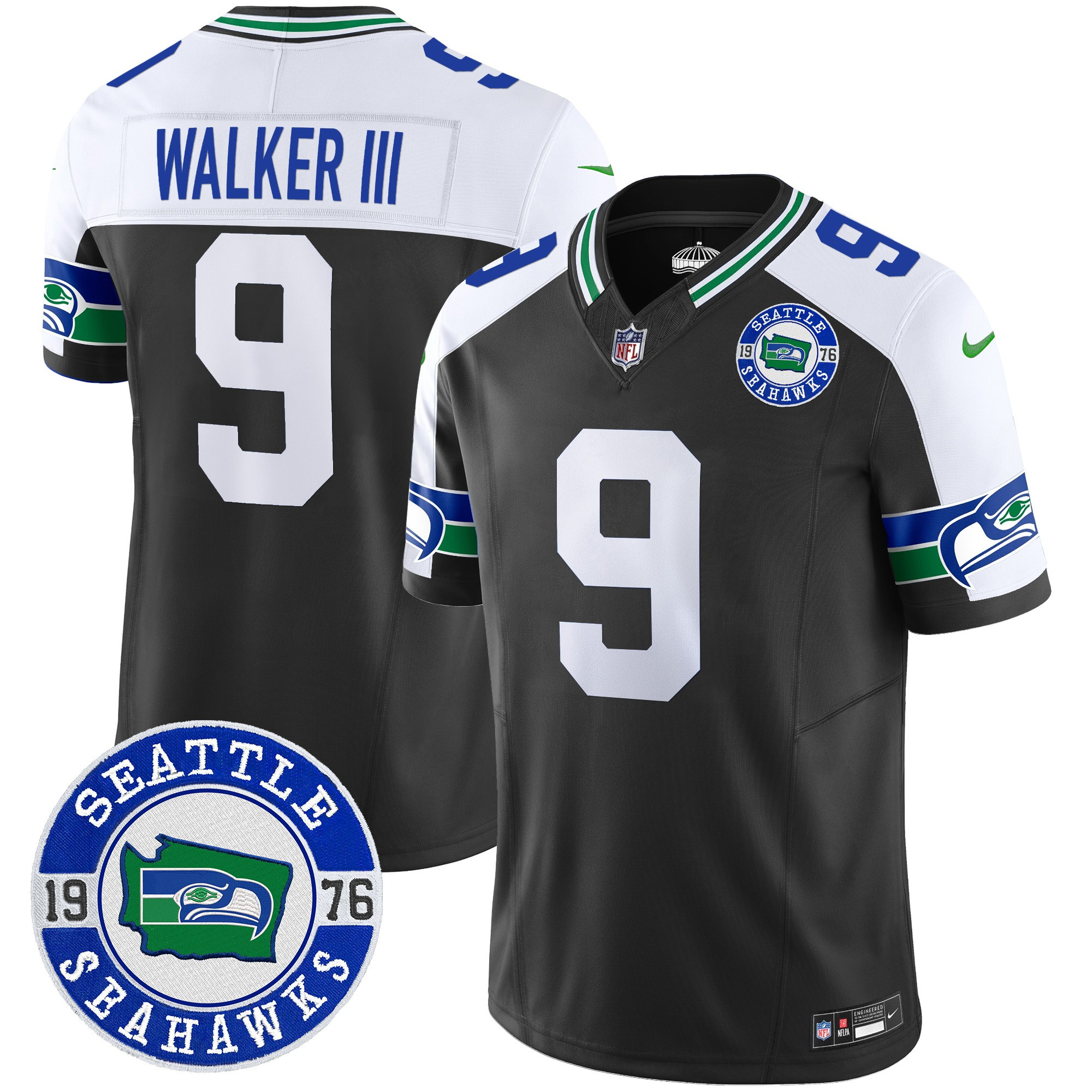 Men's Walker III Seattle Seahawks Throwback Est. 1976 Patch Vapor Limited Black Alternate Jersey - All Stitched