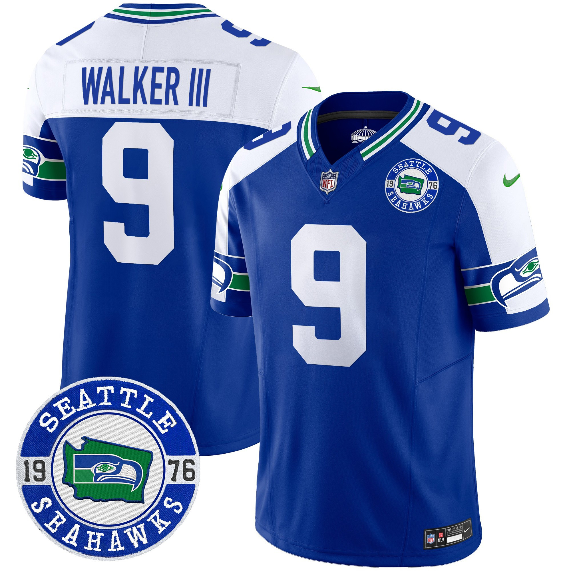 Men's Walker III Seattle Seahawks Throwback Est. 1976 Patch Vapor Limited Royal Alternate Jersey - All Stitched