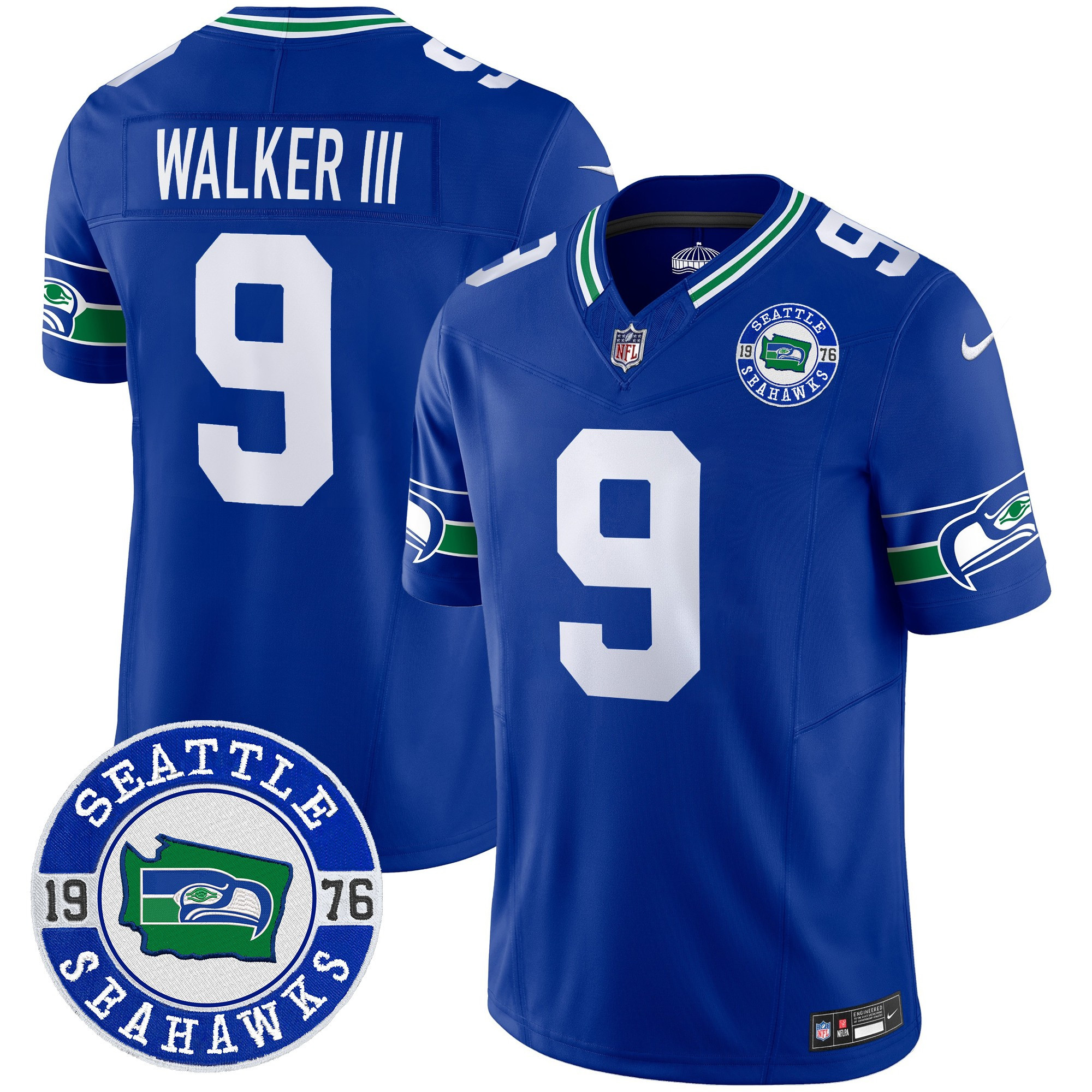 Men's Walker III Seattle Seahawks Throwback Est. 1976 Patch Vapor Limited Royal Jersey - All Stitched