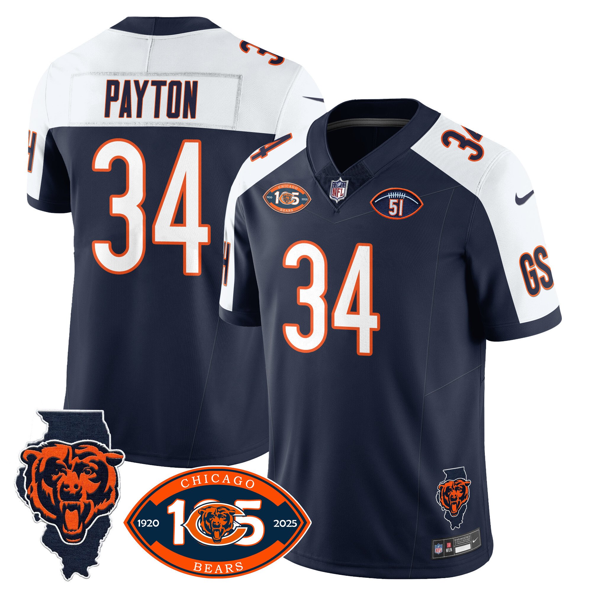 Men's Walter Payton Chicago Bears 1920-2025 The Chicago Bears Vapor Limited Navy Alternate Jersey - All Stitched