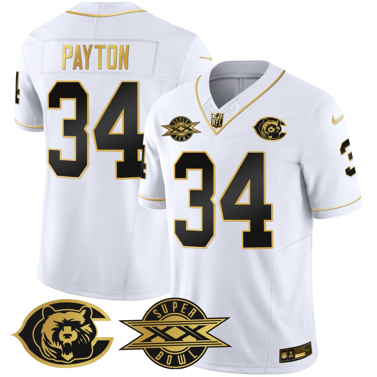Men's Walter Payton Chicago Bears 1986 Bears Super Bowl Patch White Gold Jersey - All Stitched