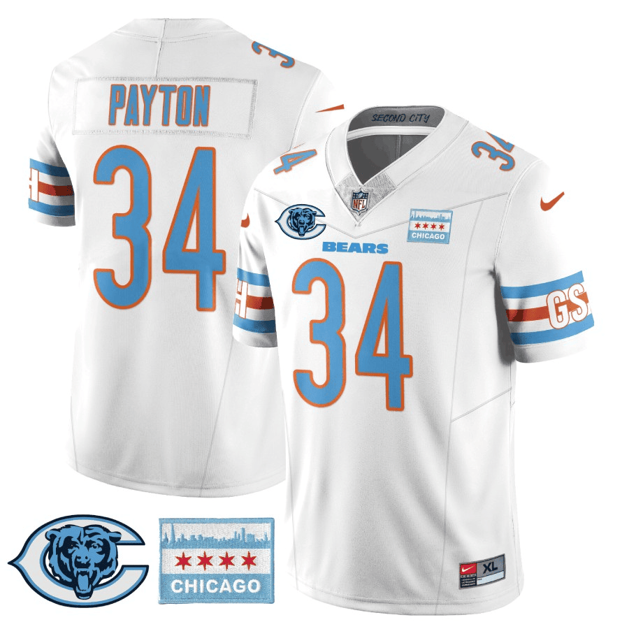 Men's Walter Payton Chicago Bears City Edition GSH White Jersey - Chicago Flag - All Stitched