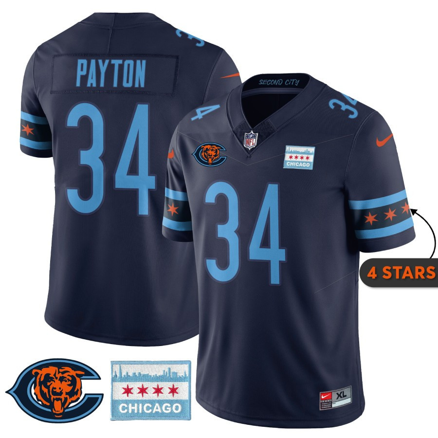 Men's Walter Payton Chicago Bears City Edition Navy Jersey - Chicago Flag - All Stitched
