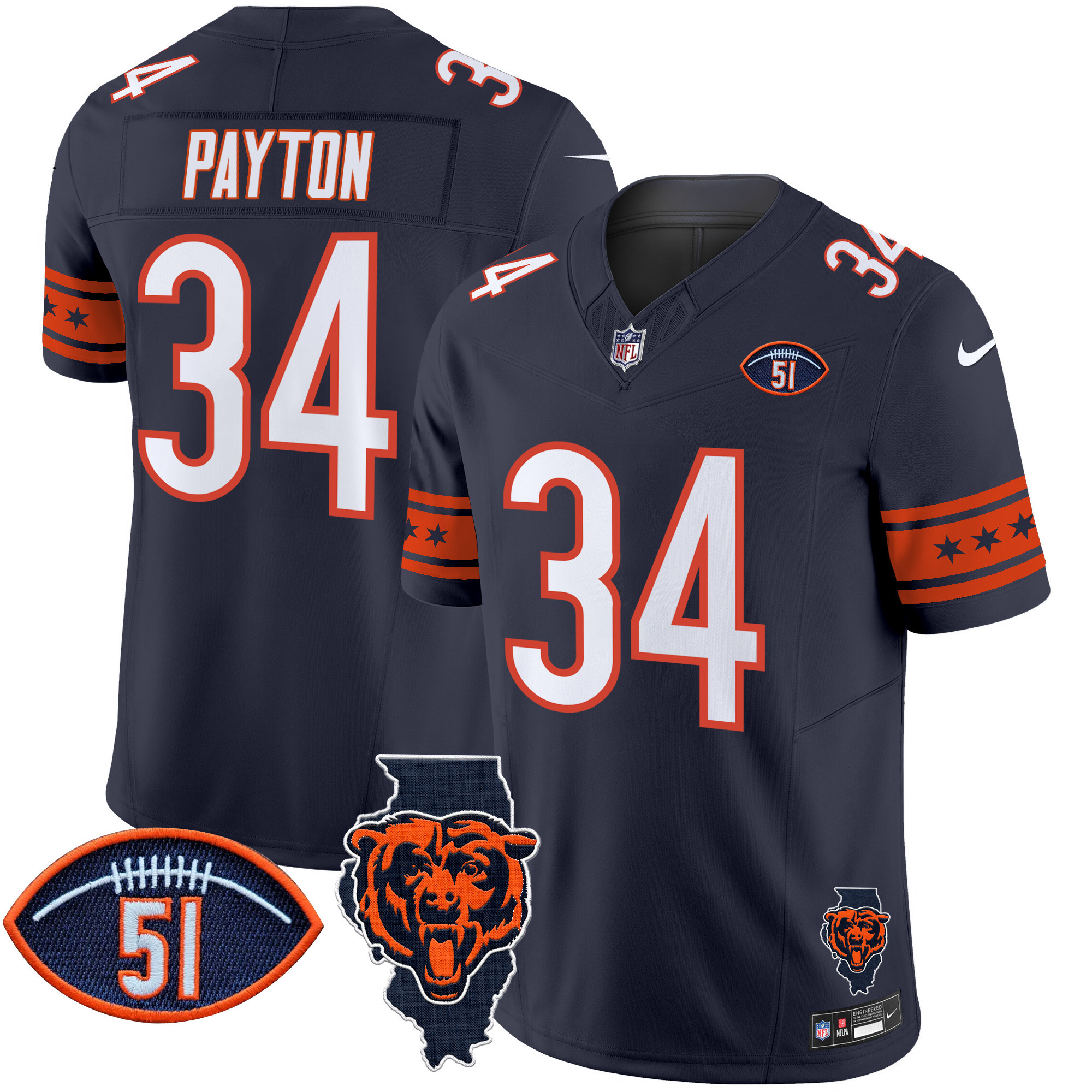 Men's Walter Payton Chicago Bears Illinois & Dick Butkus Patch Vapor Limited Navy Jersey - All Stitched