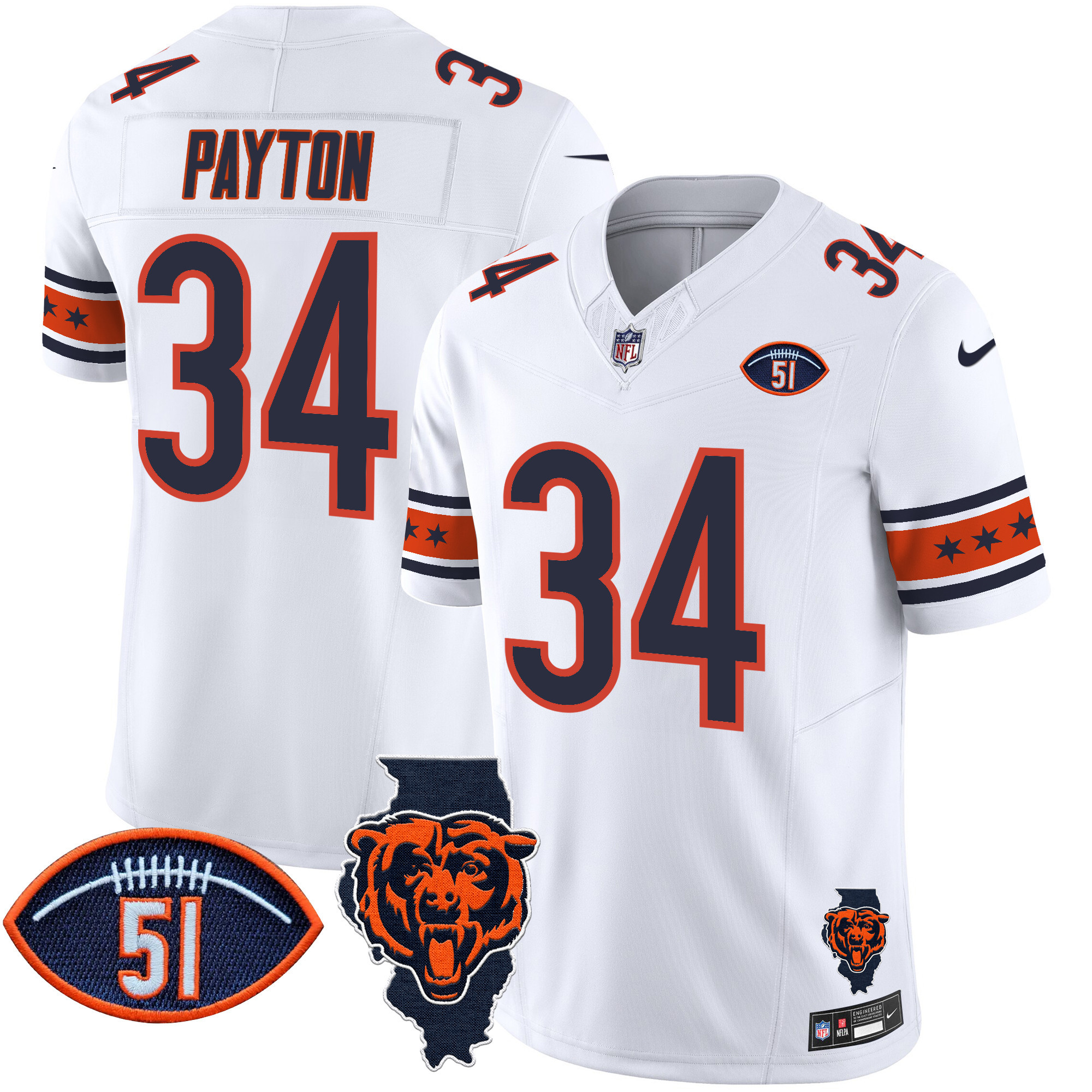 Men's Walter Payton Chicago Bears Illinois & Dick Butkus Patch Vapor Limited White Jersey - All Stitched