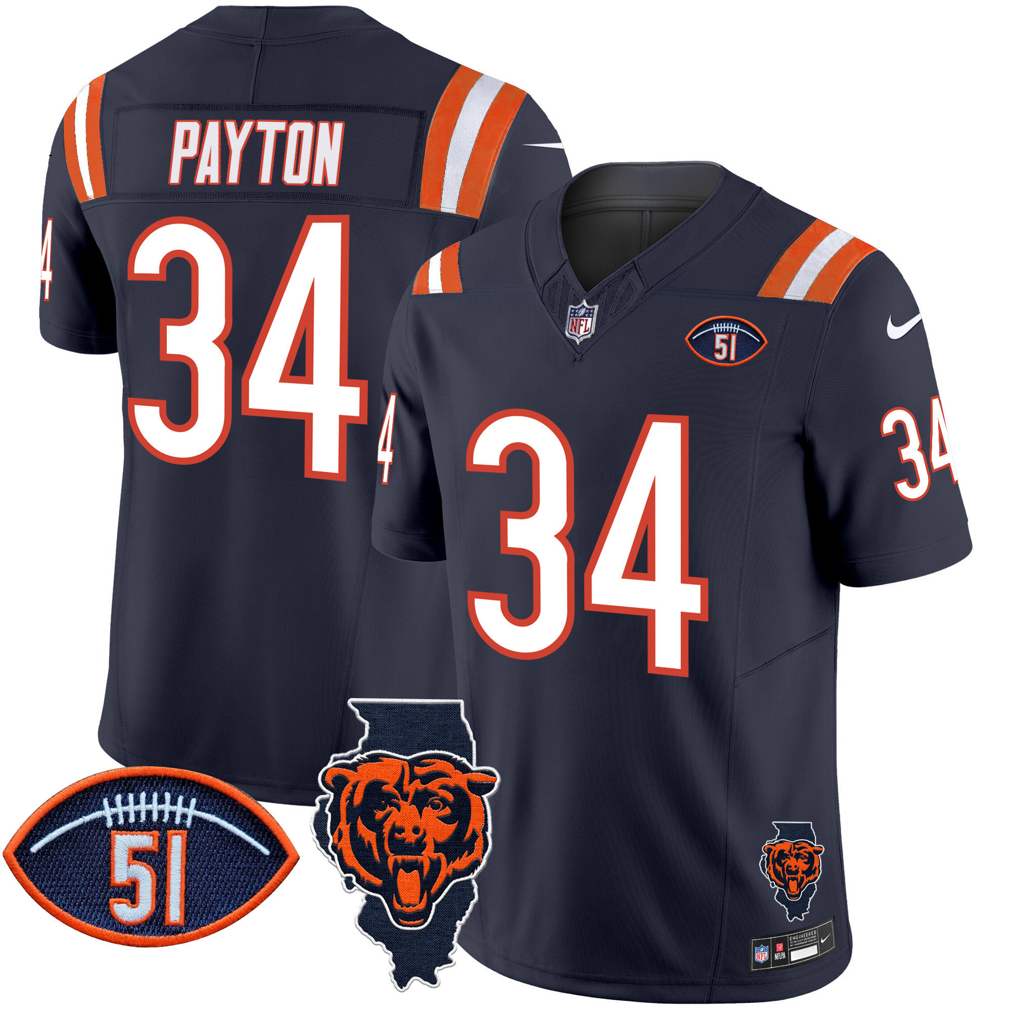 Men's Walter Payton Chicago Bears Illinois Patch Vapor Limited Navy Jersey - All Stitched