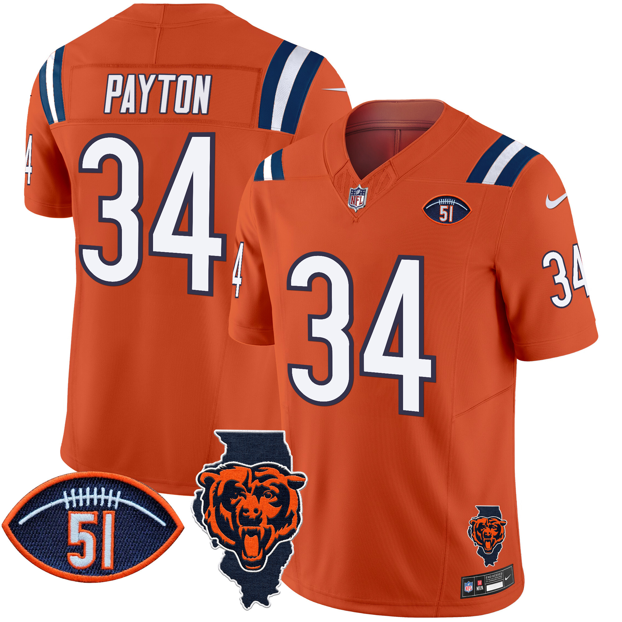 Men's Walter Payton Chicago Bears Illinois Patch Vapor Limited Orange Jersey - All Stitched