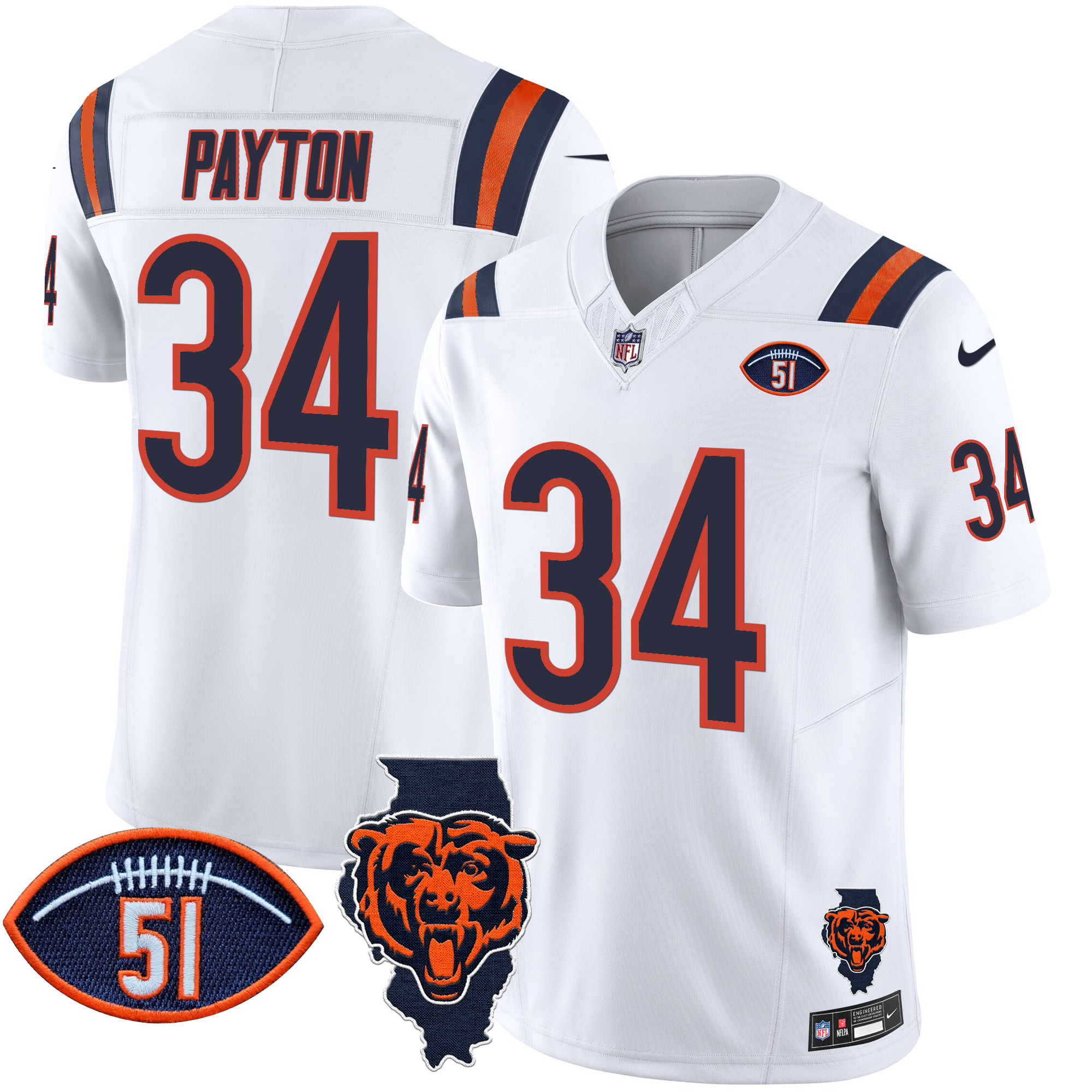 Men's Walter Payton Chicago Bears Illinois Patch Vapor Limited White Jersey - All Stitched